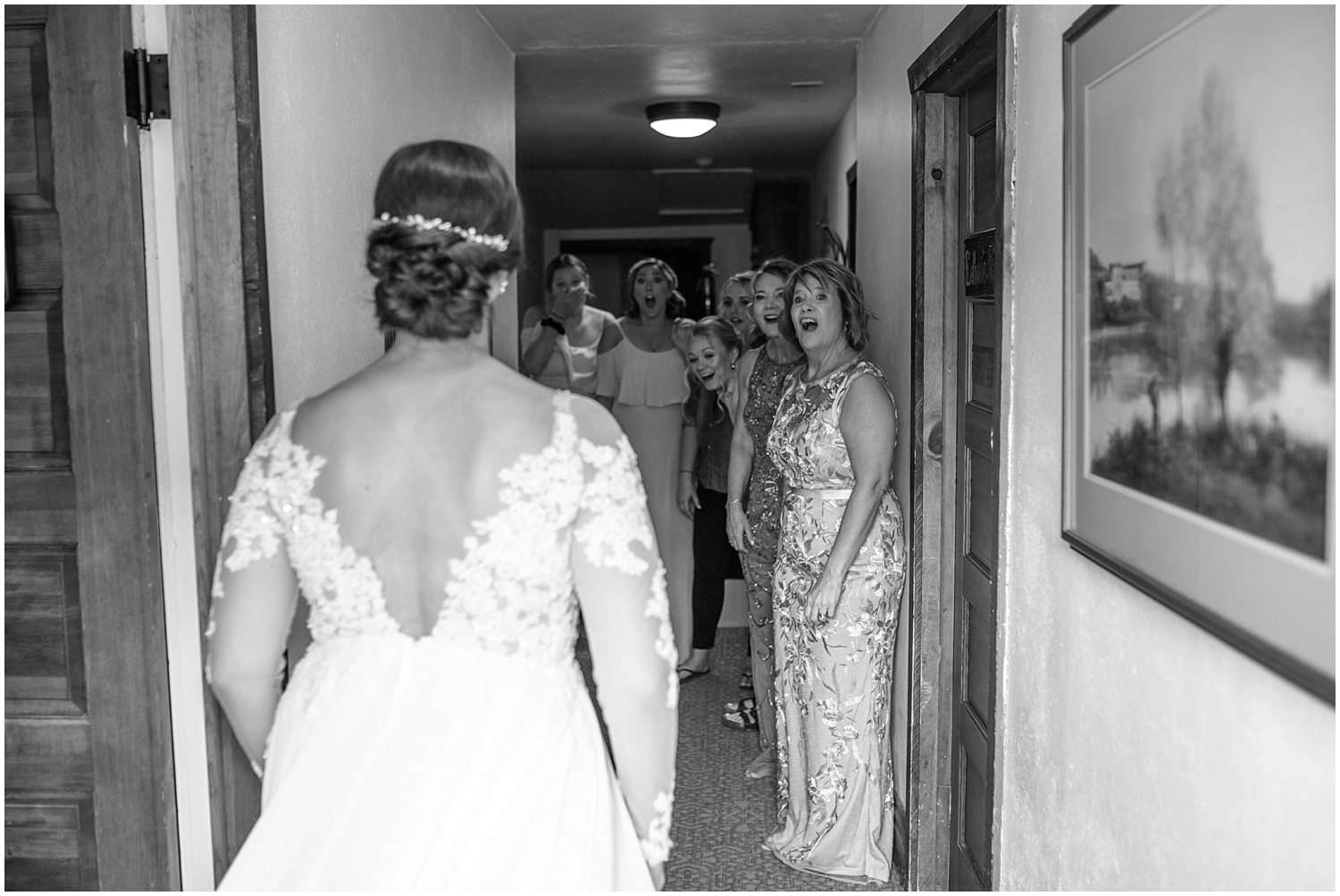Mom and bridesmaids get first look at bride at Ski Tip Lodge wedding in Keystone Colorado