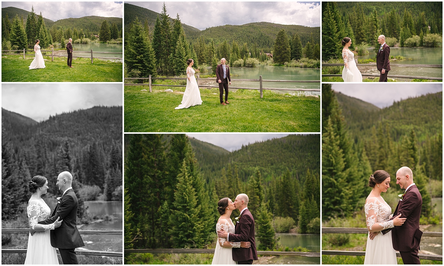 Bride and groom first look in front of the water at Ski Tip Lodge wedding in Keystone Colorado