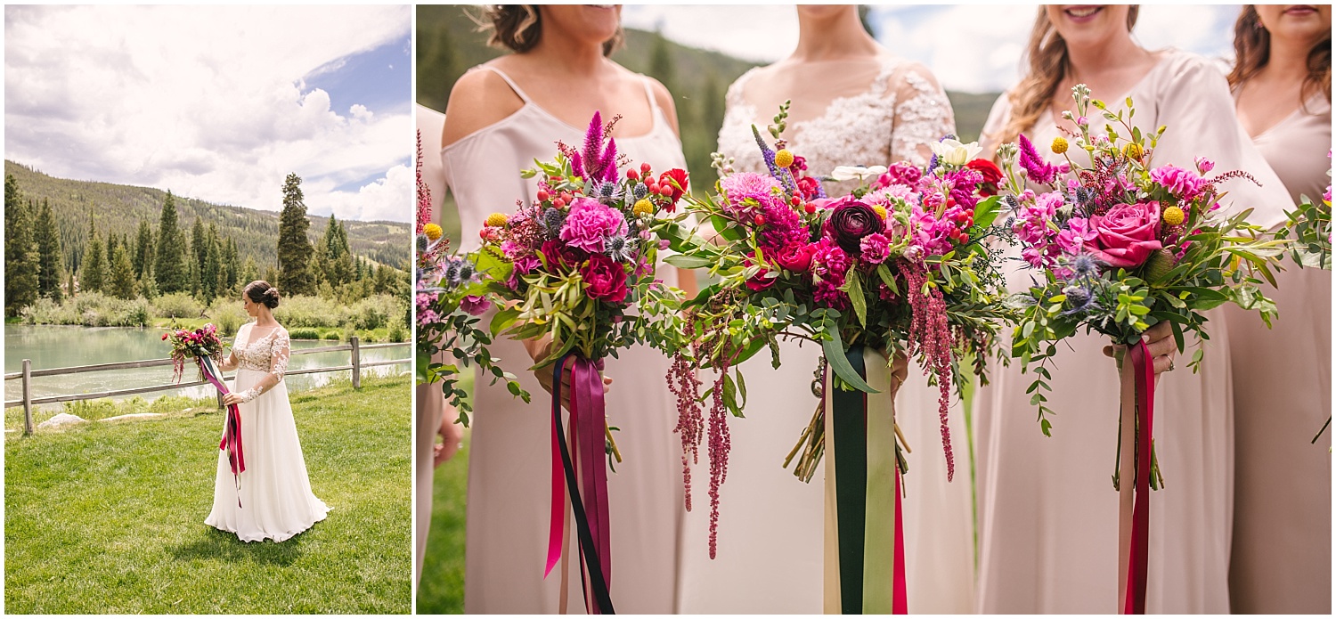 Bride and bridesmaid bouquets at Ski Tip Lodge wedding in Keystone Colorado