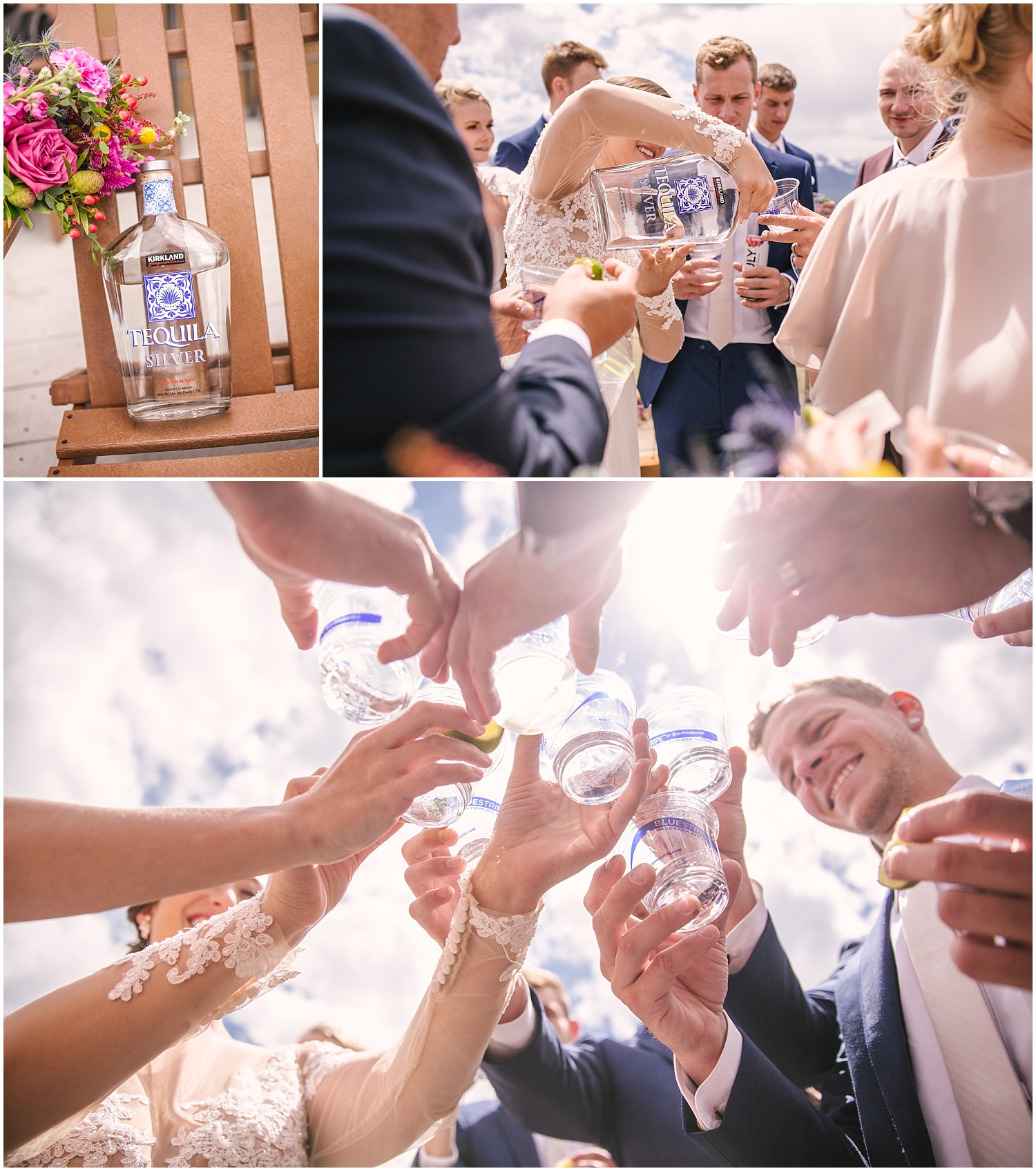 Wedding party does Kirkland Signature Vodka toast before wedding ceremony at the summit of Keystone Colorado