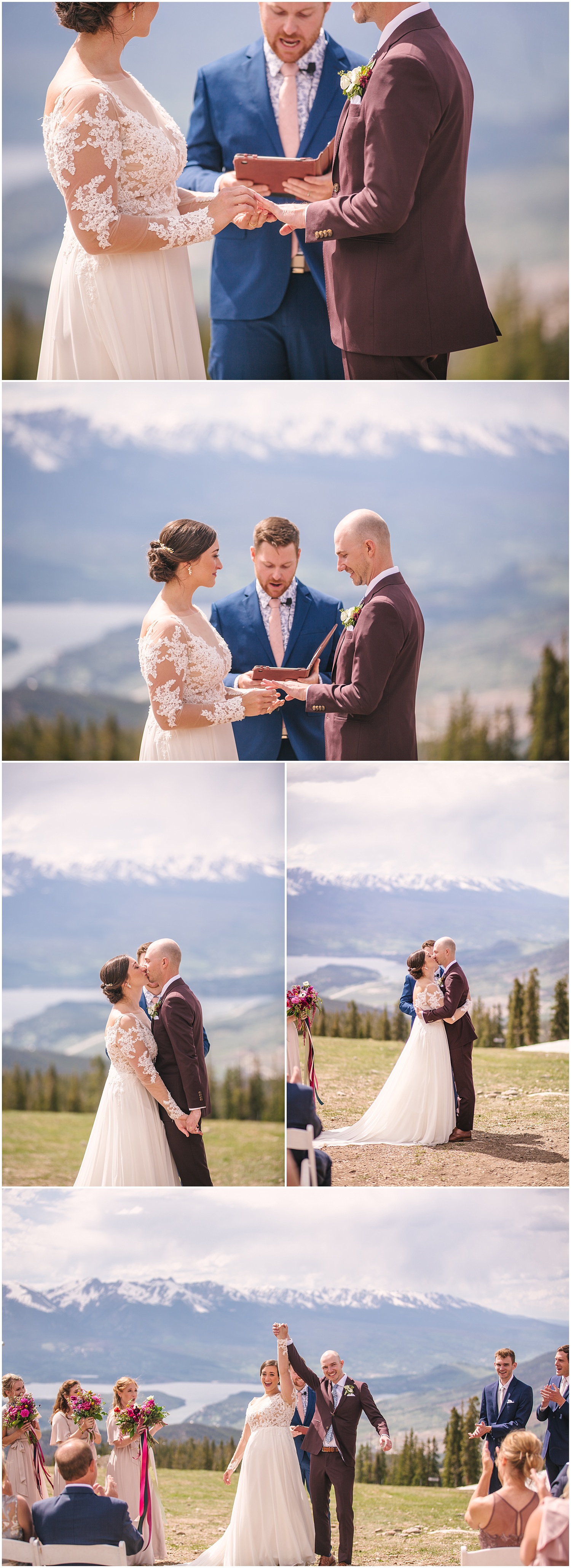 First kiss at wedding ceremony at the summit of Keystone Colorado