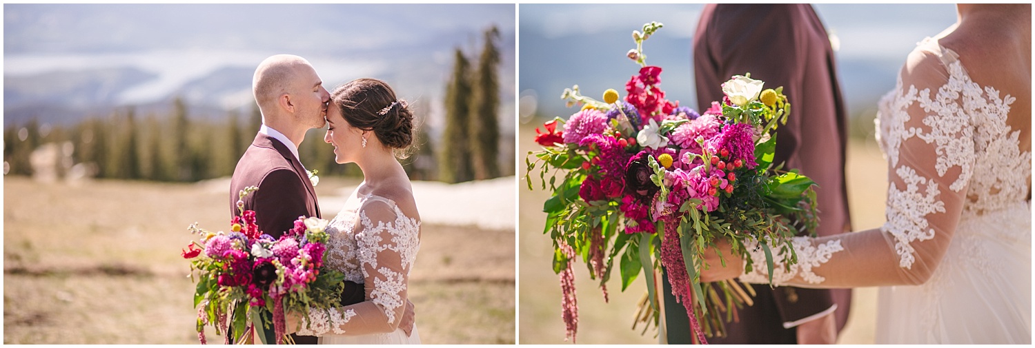 Bride wearing lace wedding dress with a bright pink bridal bouquet. Maroon suit for the groom.