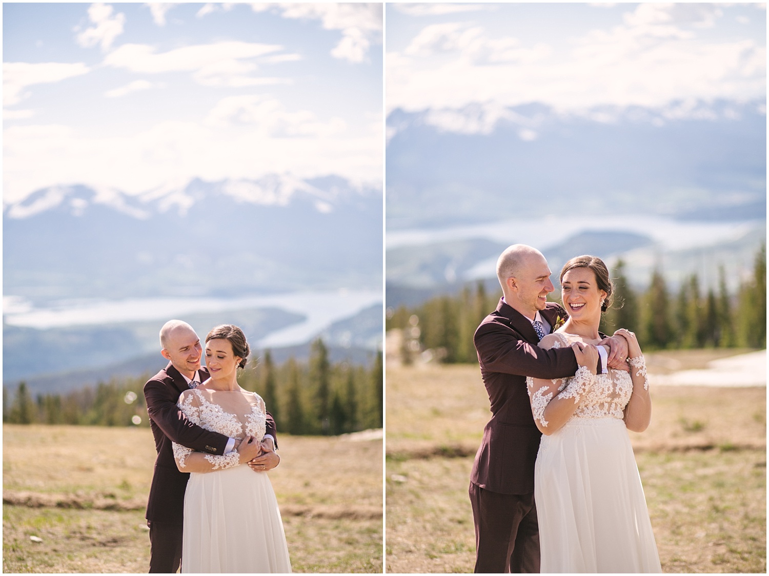 Bride and groom embrace after their wedding ceremony at the summit of Keystone Colorado