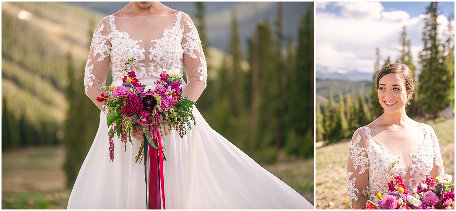 Bridal portraits with lace wedding dress and bright pink bouquet at summit of Keystone Colorado for Ski Tip Lodge wedding