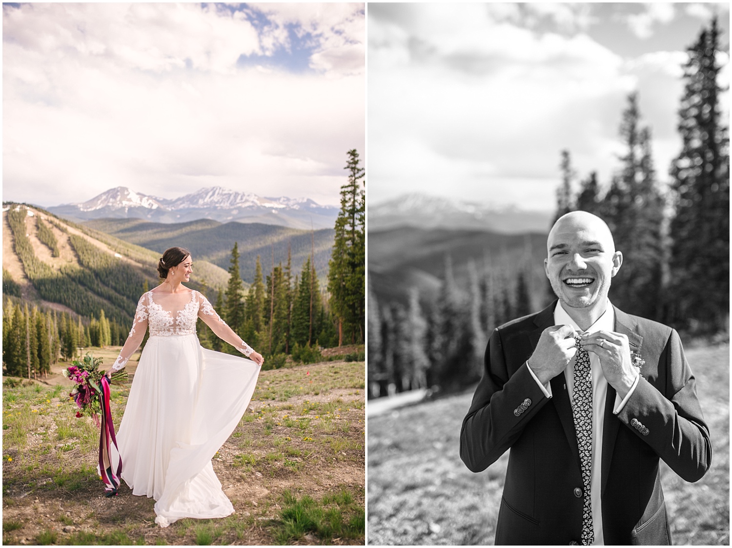 Bride and groom portraits at summit of Keystone Colorado for Ski Tip Lodge wedding