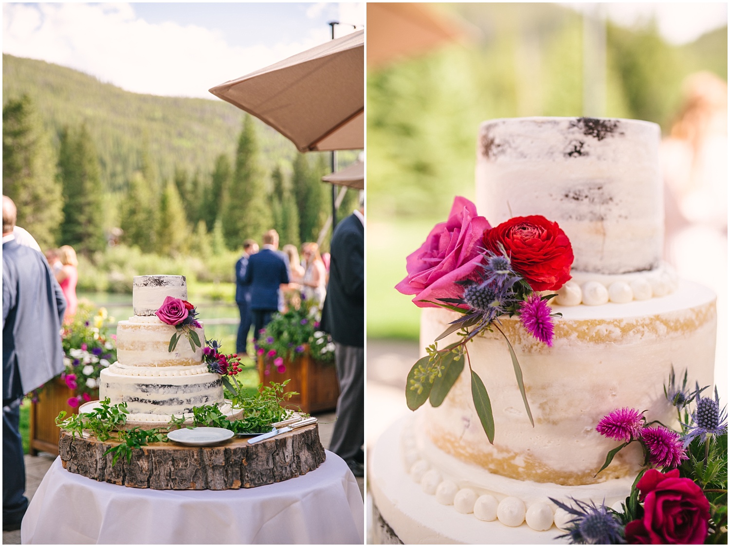 Half-naked white wedding cake decorated with bright pink florals at Ski Tip Lodge wedding in Keystone Colorado
