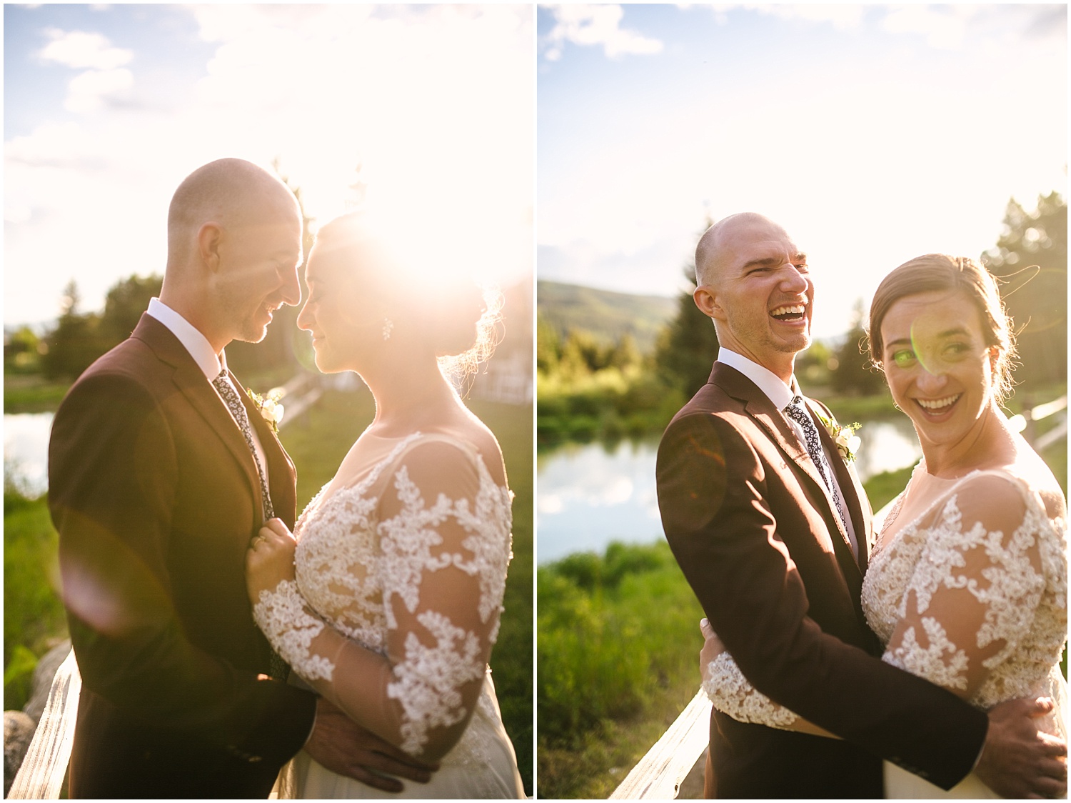 Bride and groom laughing at golden hour at Ski Tip Lodge wedding in Keystone Colorado