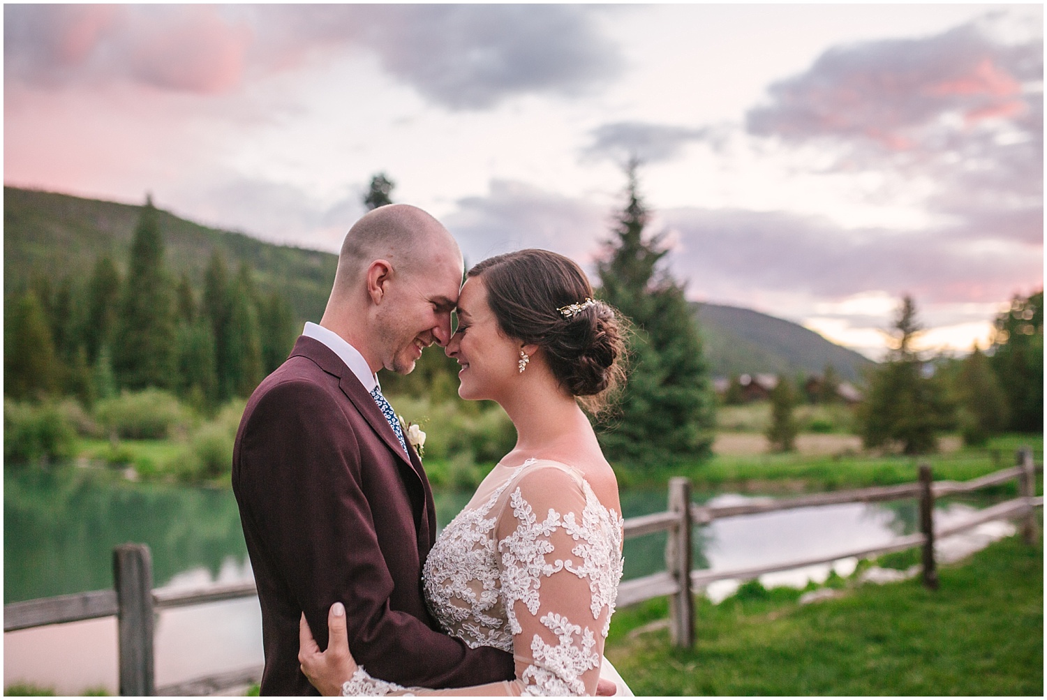 Bride and groom at sunset at Ski Tip Lodge wedding in Keystone Colorado