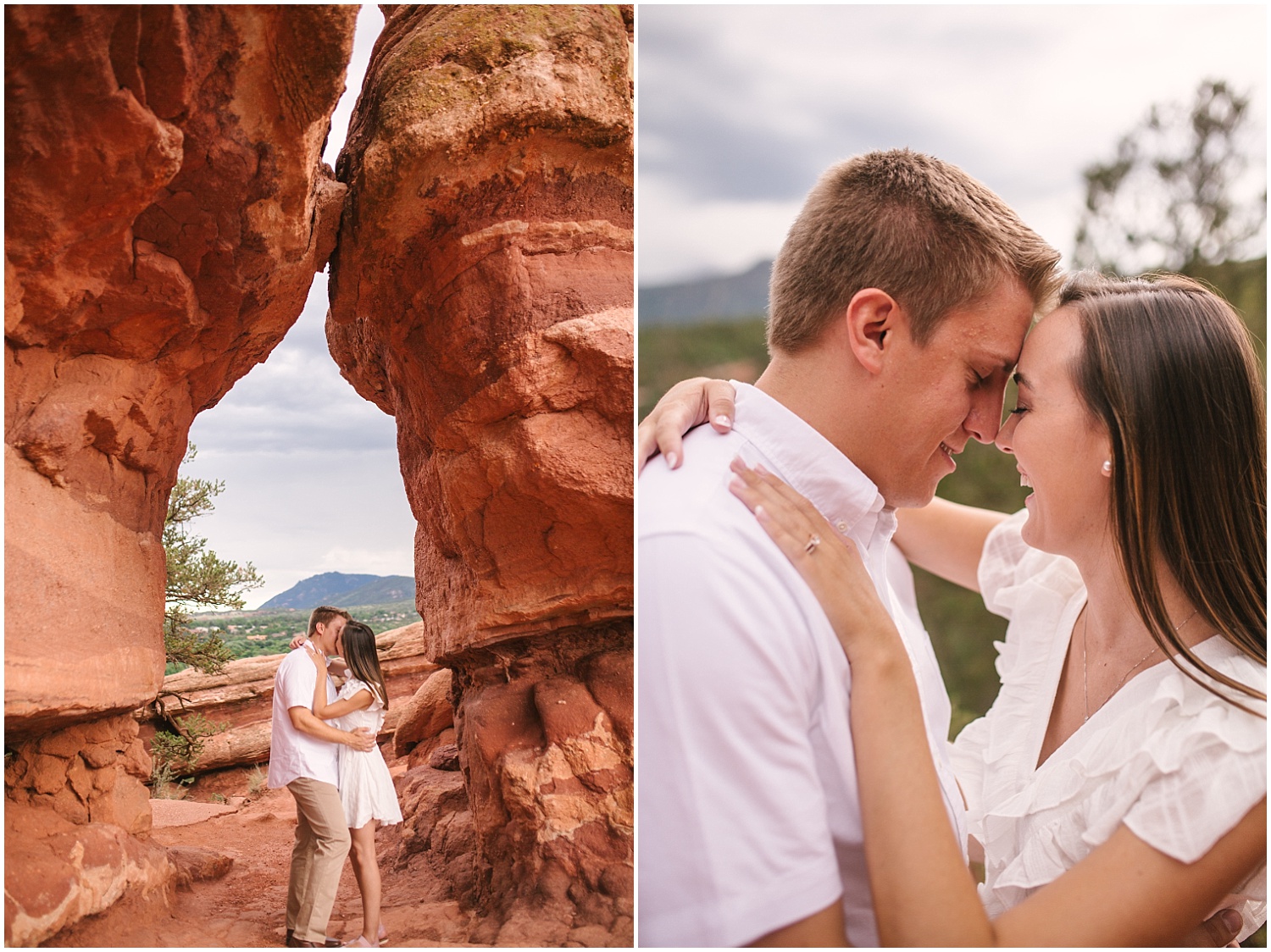 Engaged couple kissing near giant red rocks at Garden of the Gods