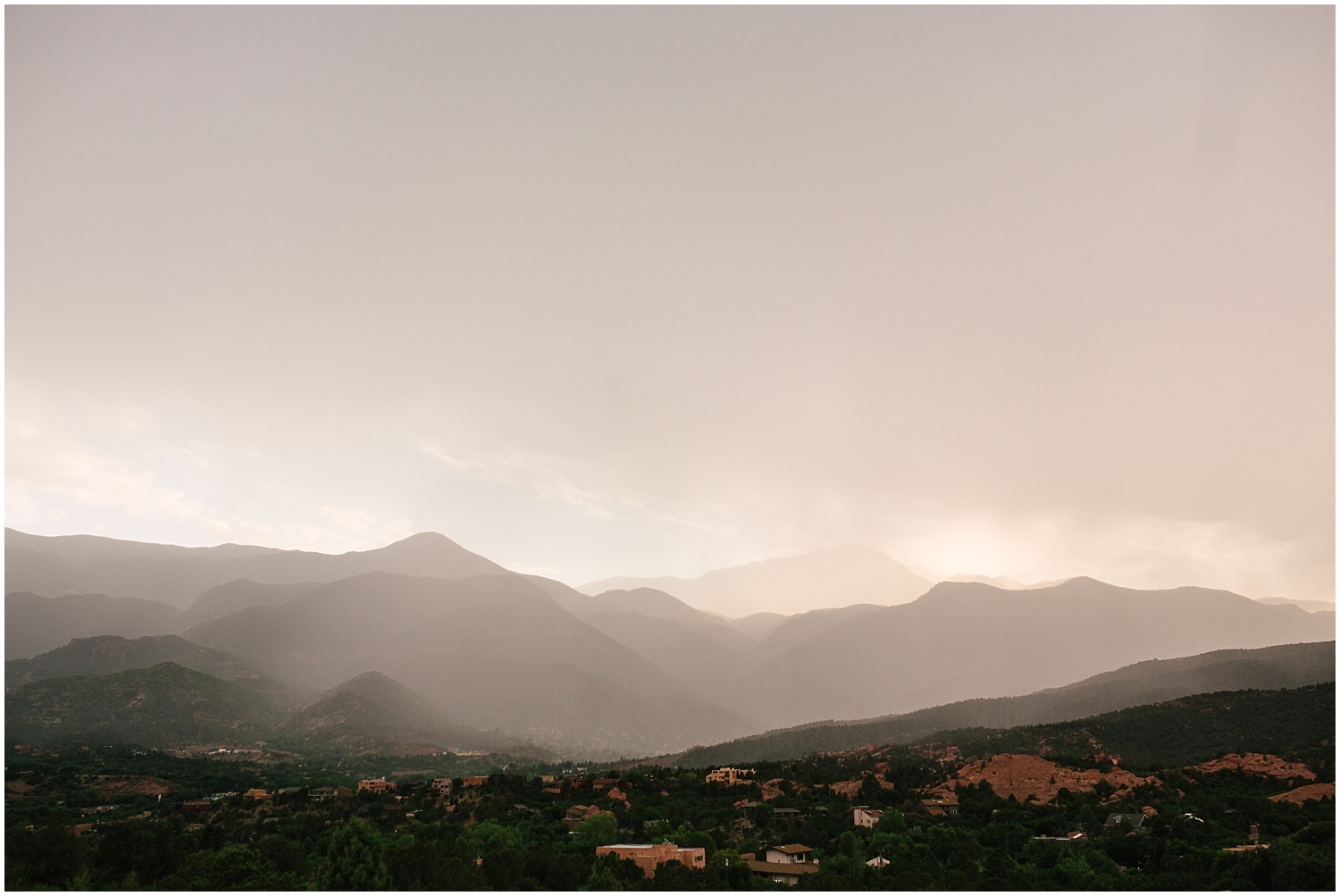 Rain storm over Pikes Peak at Garden of the Gods in Colorado Springs