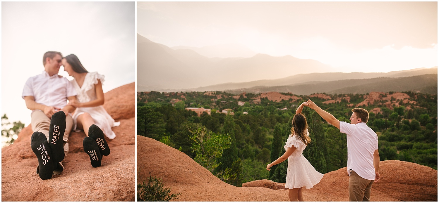 Couple dancing at Garden of the Gods during a rain storm for Colorado Springs engagement pictures