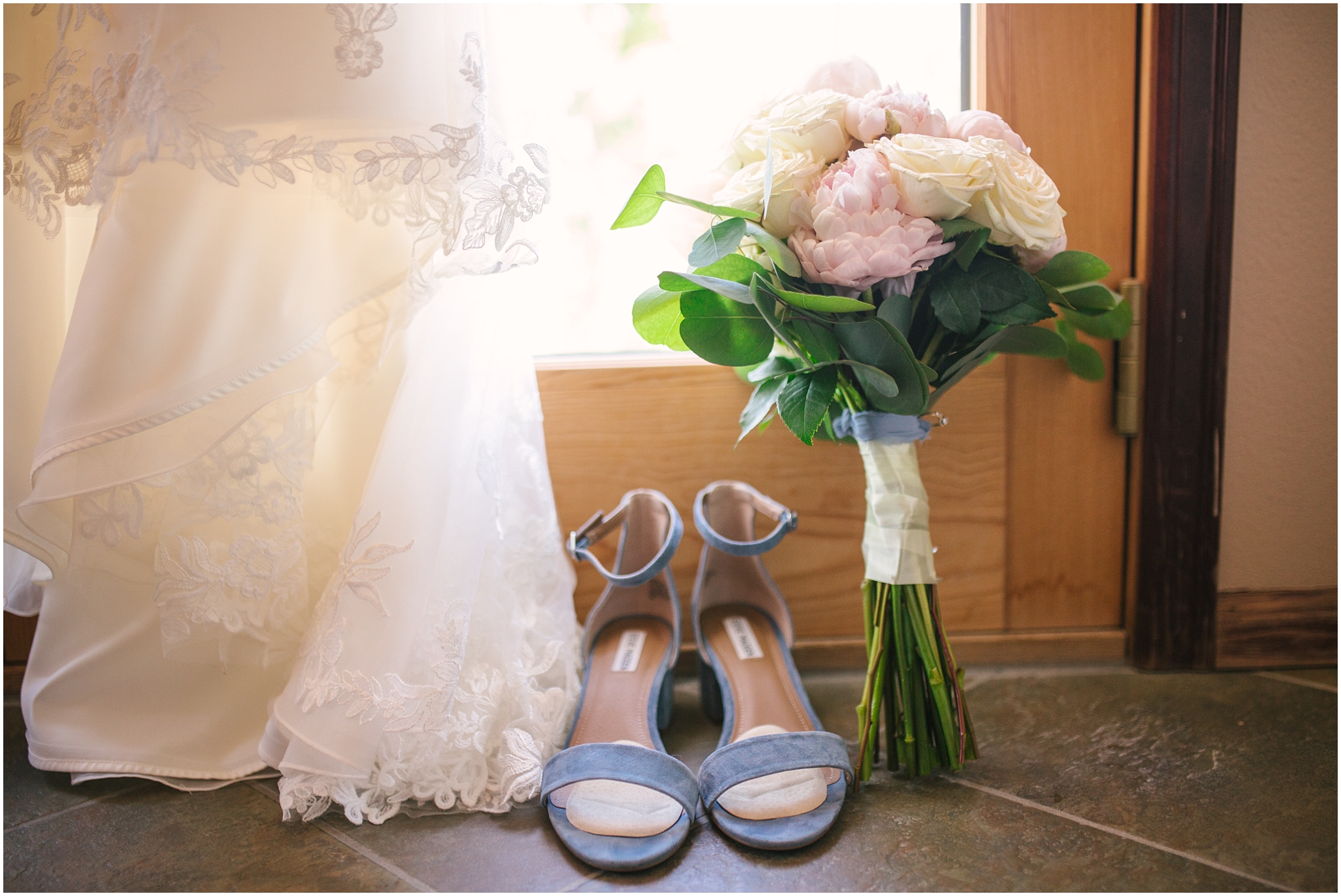 Blue shoes, pink flowers, wedding dress at summer Cle Elum Washington wedding