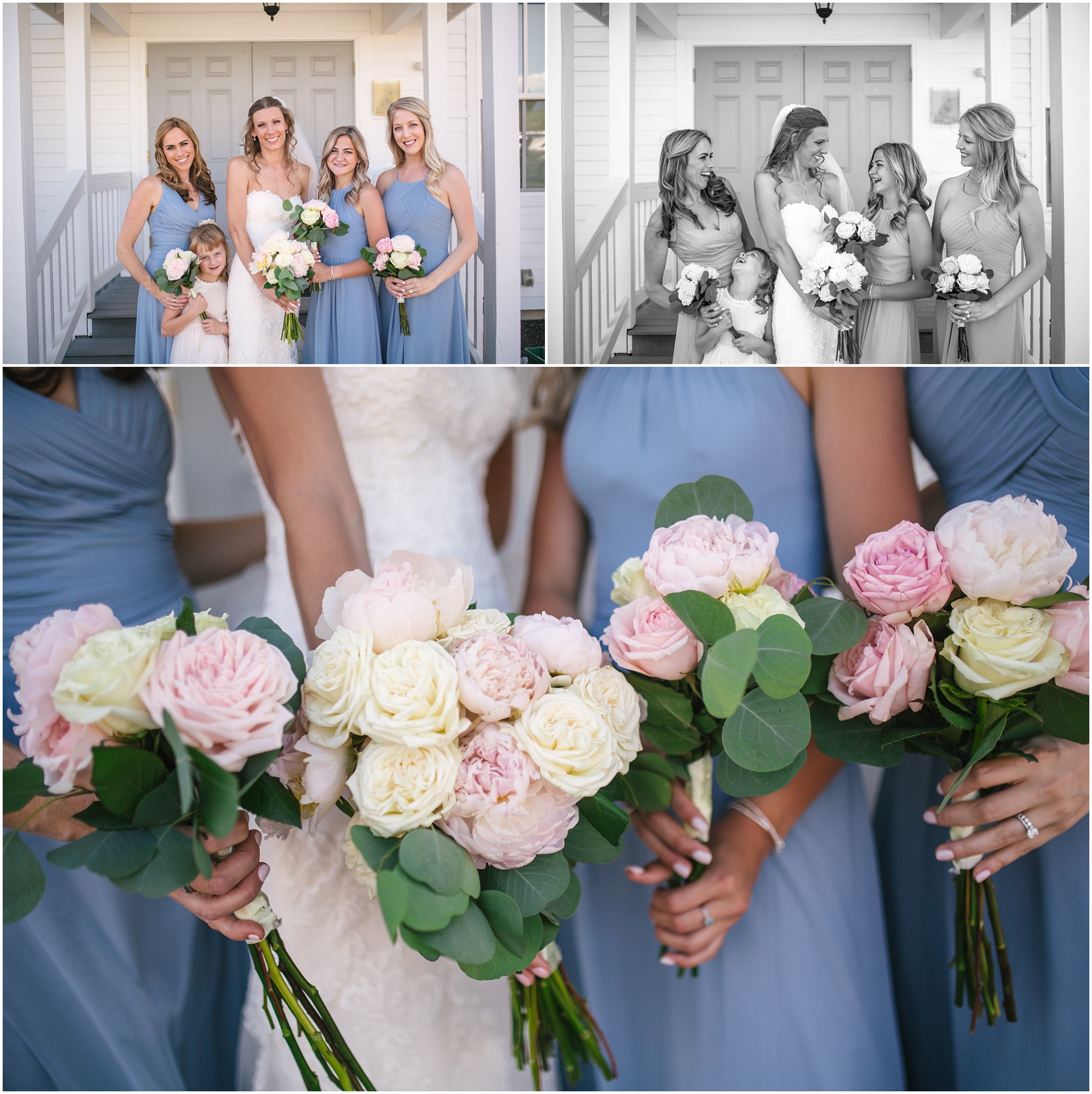 Bridesmaids in baby blue dresses with pink peonies at Swauk Teanaway Grange wedding in Cle Elum Washington