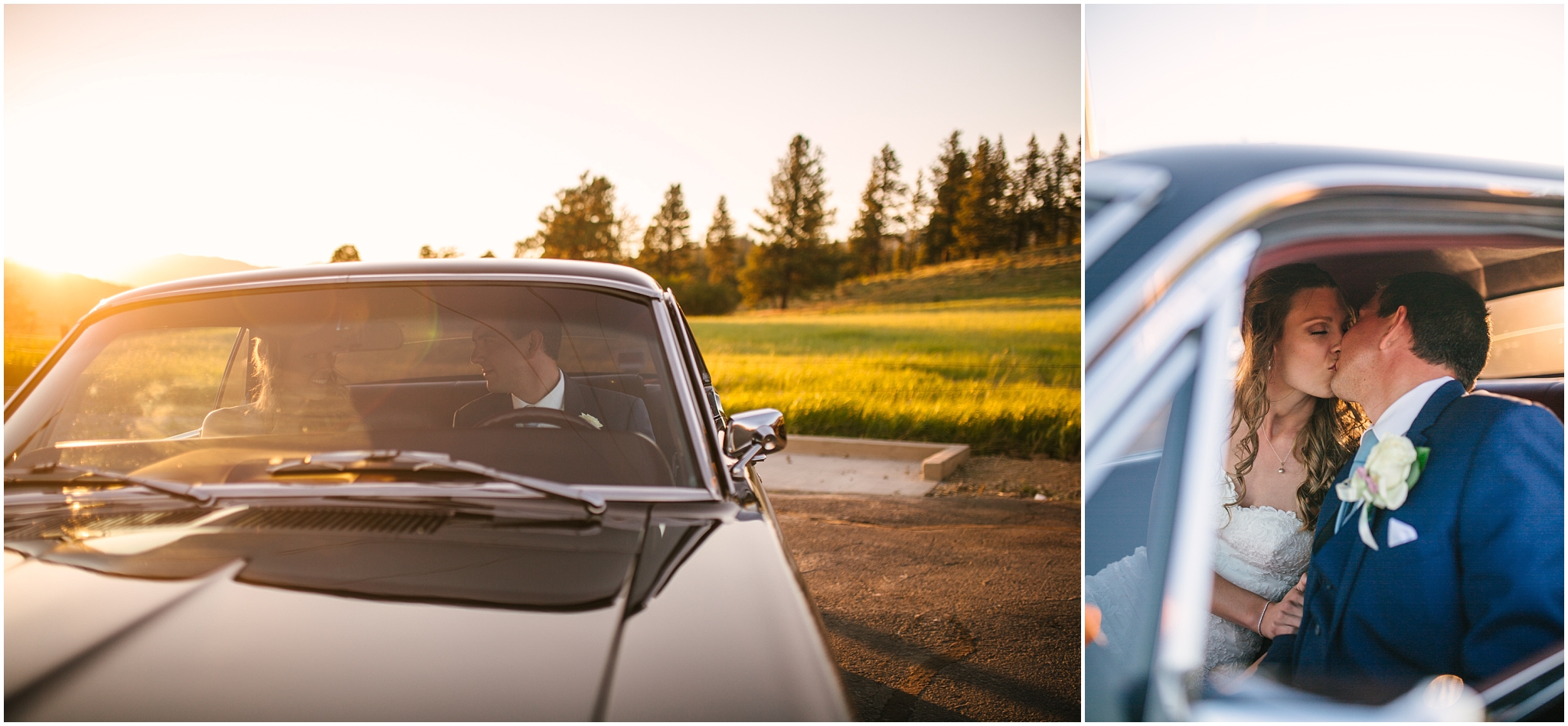 Bride and groom with classic car at sunset at Cle Elum wedding