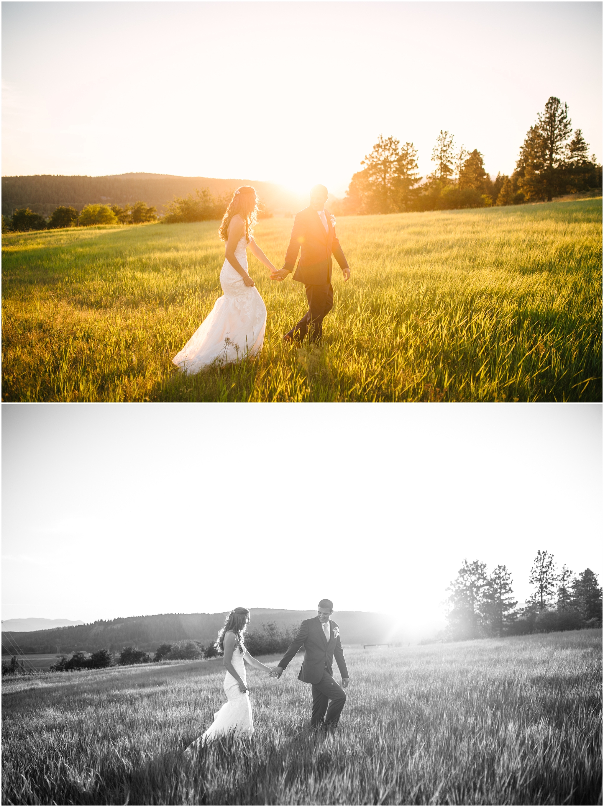 Bride and groom walk in a field at sunset at Cle Elum wedding