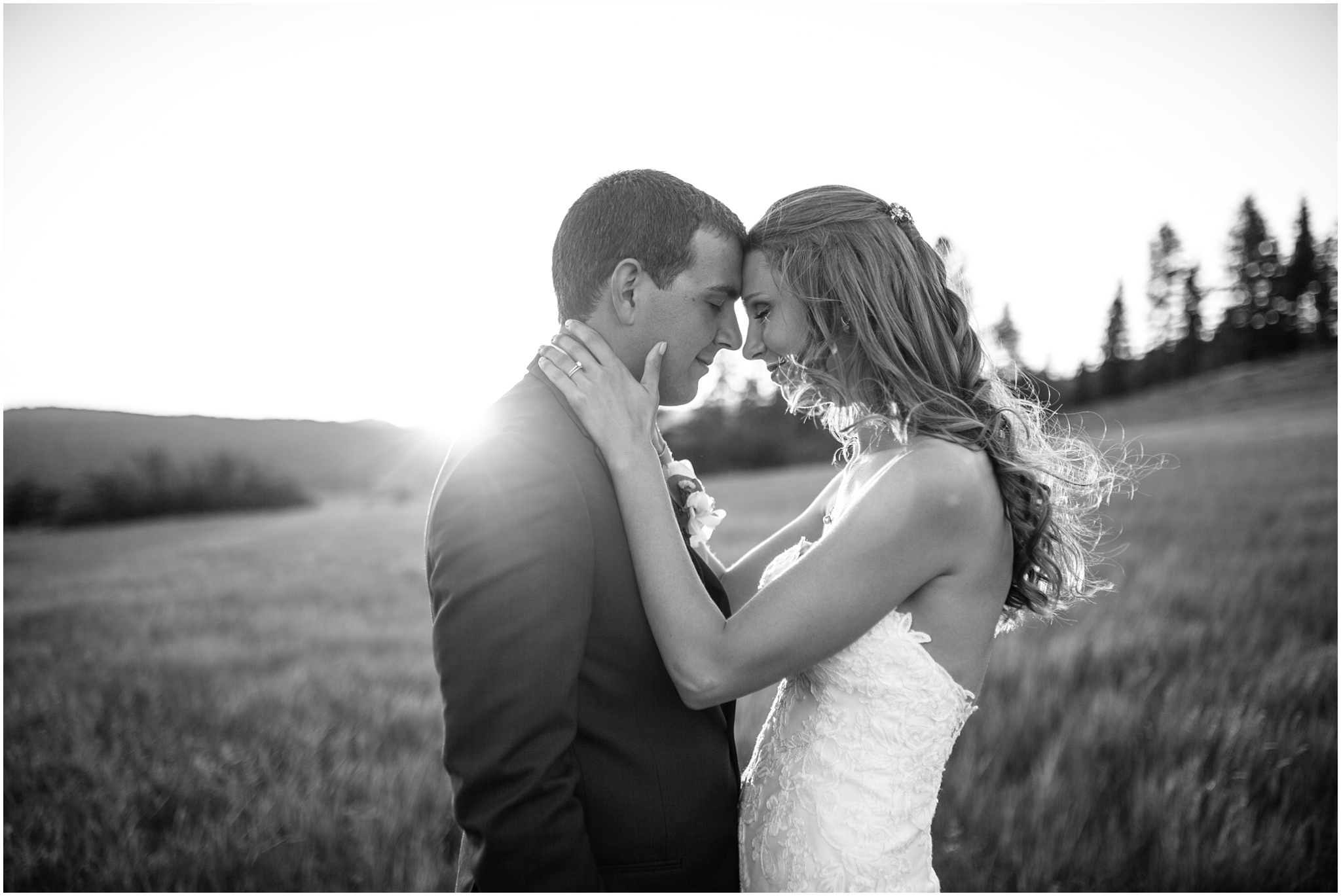 Black and white bride and groom portrait in a field at Cle Elum wedding