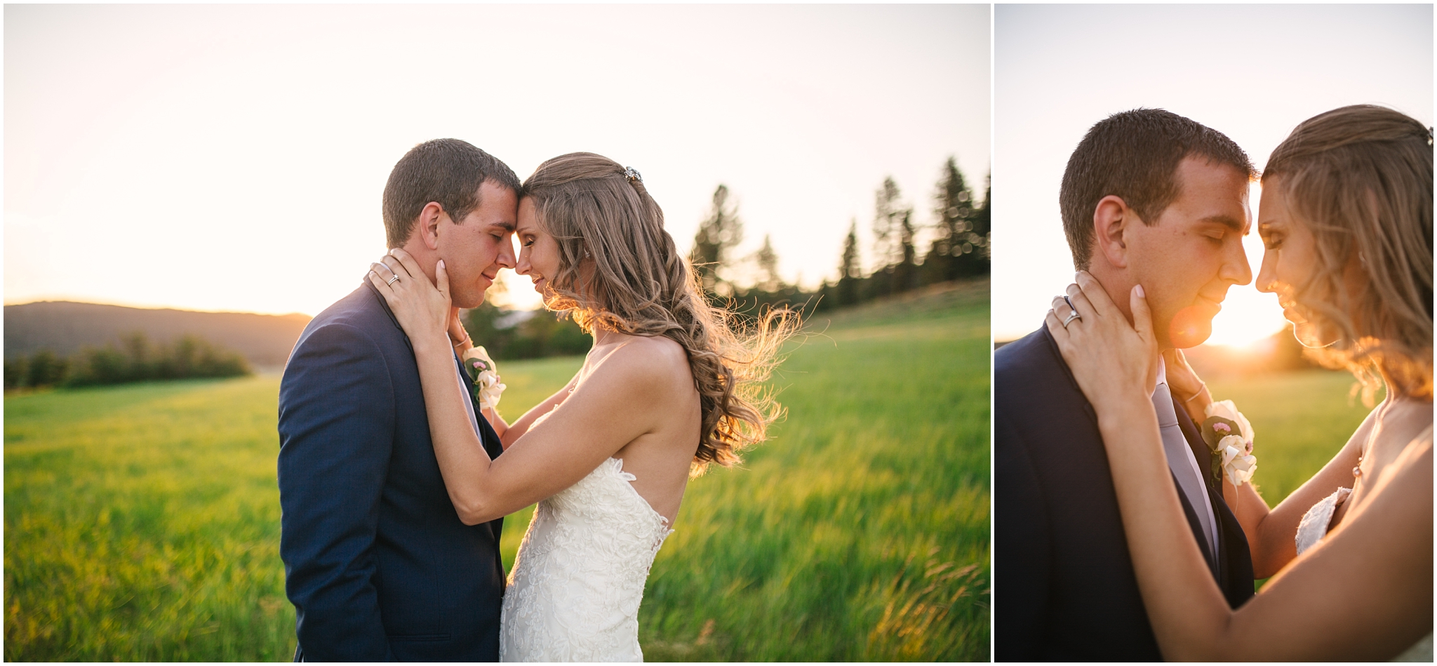 Bride and groom touching foreheads at golden hour in a field in Cle Elum Washington