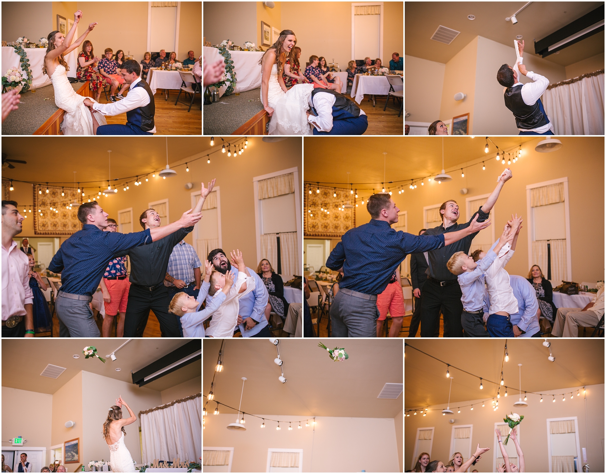 Bouquet and garter toss at Swauk Teanaway Grange wedding reception in Cle Elum Washington