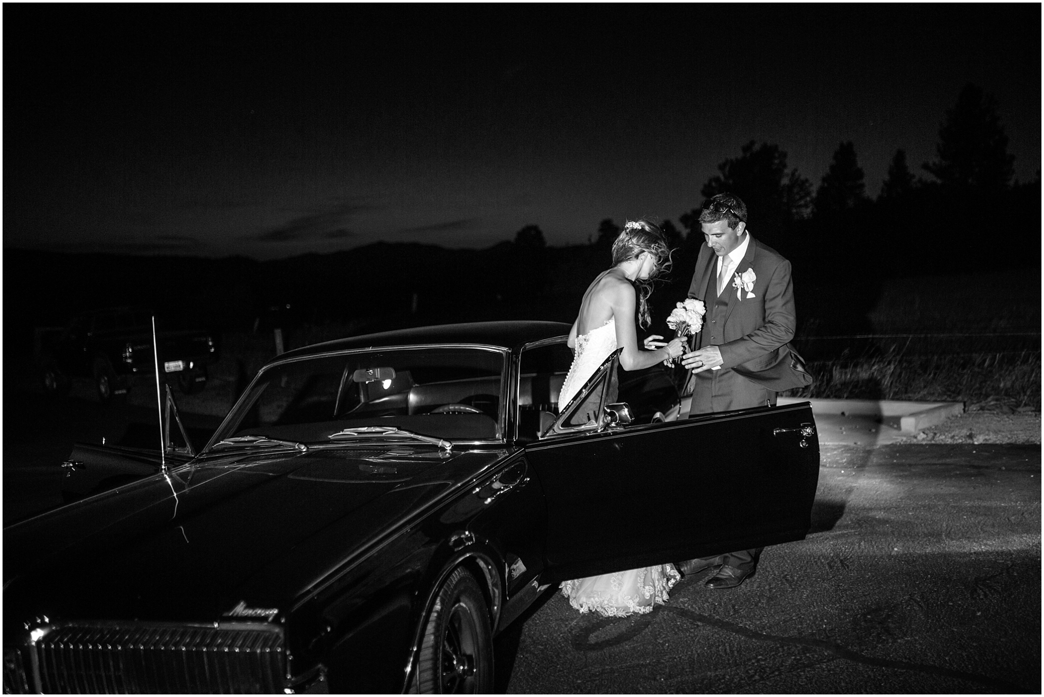 Bride and groom leave Cle Elum wedding reception in classic car