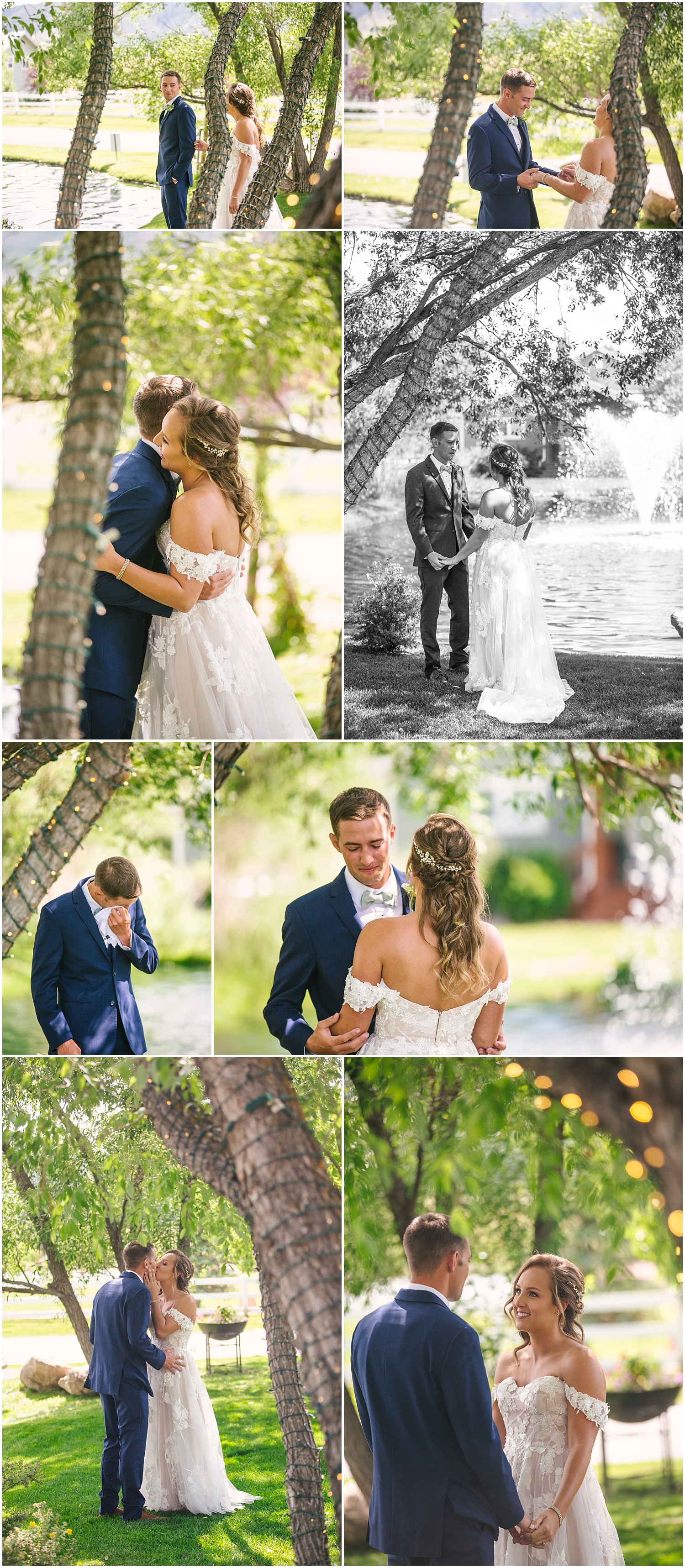 Bride and groom's first look by the fountain and twinkle lights at Crooked Willow Farms wedding