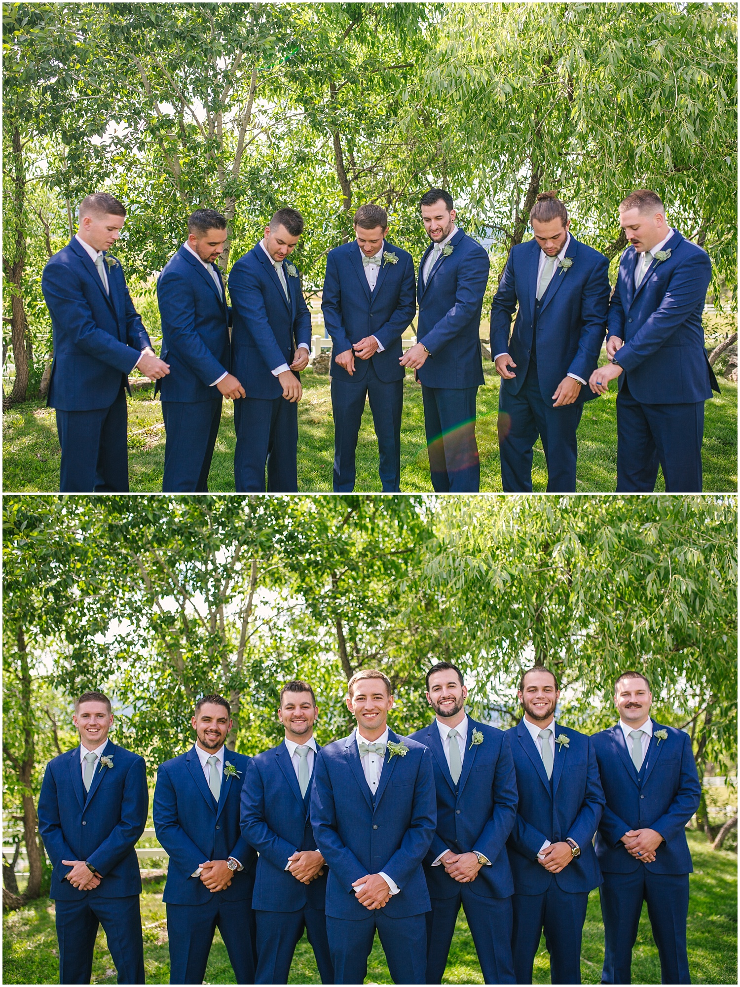 Groomsmen in navy suits and green bowties at Crooked Willow Farms wedding
