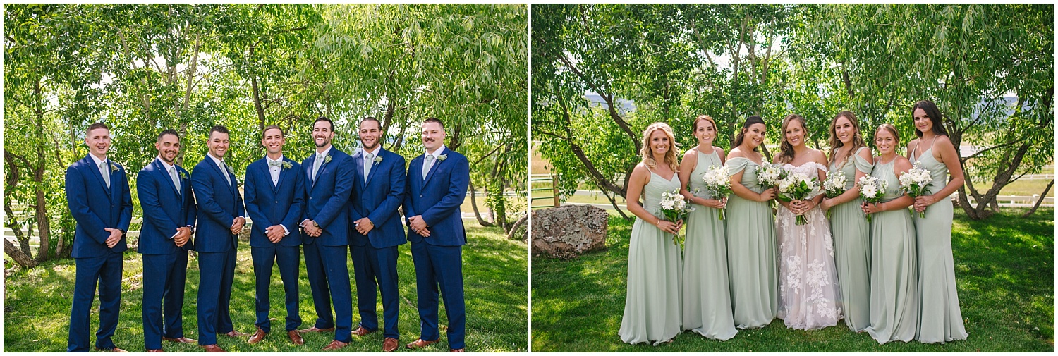 Groomsmen in navy suits and bridesmaids in sage green dresses at Crooked Willow Farms wedding