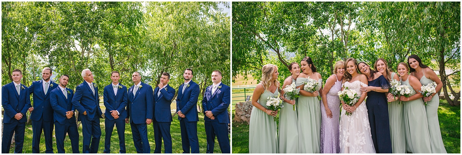 Groomsmen in navy suits and bridesmaids in sage green dresses at Crooked Willow Farms wedding