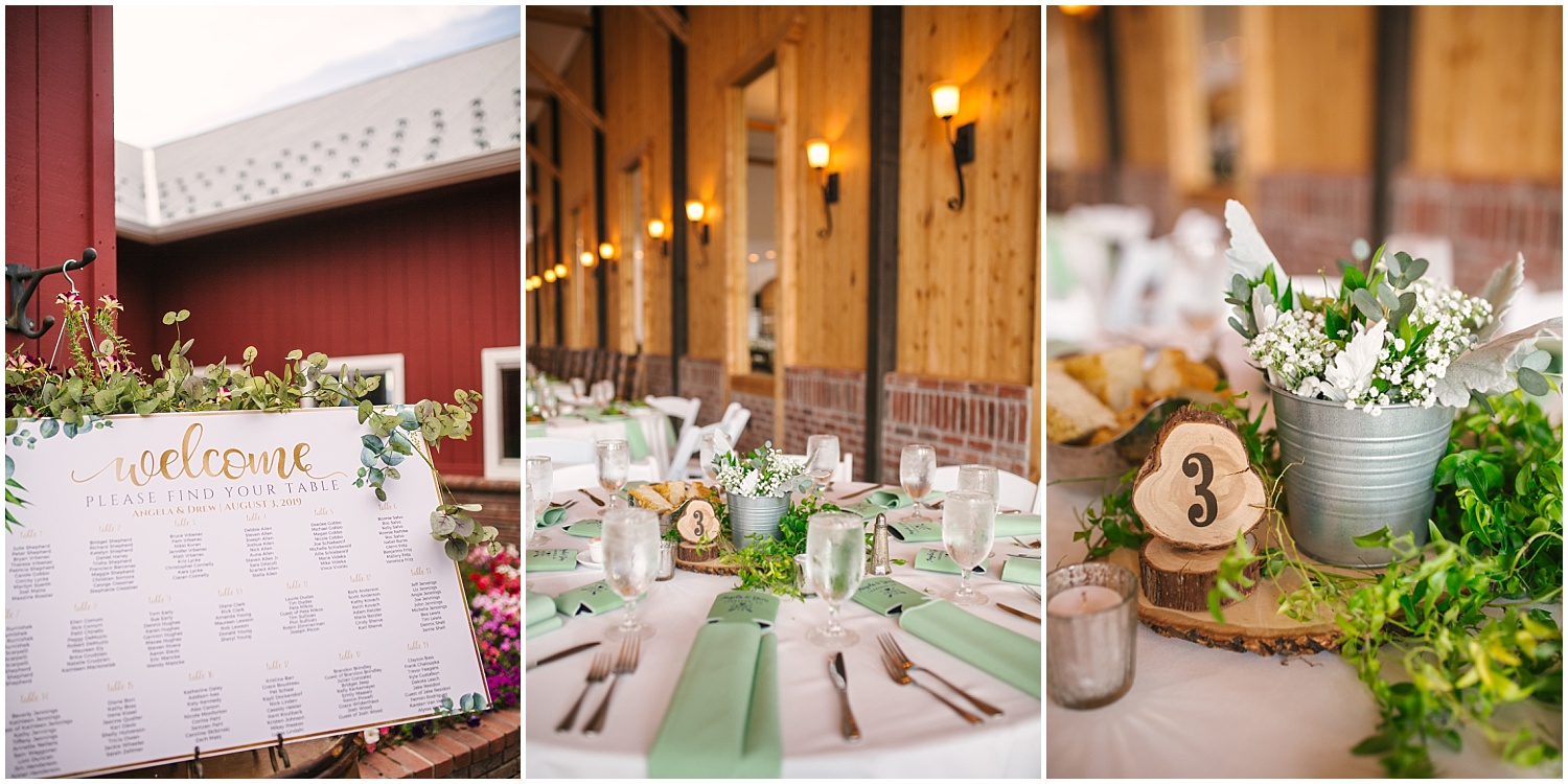 Wood table numbers with white flowers and greenery as centerpieces at Crooked Willow Farms wedding