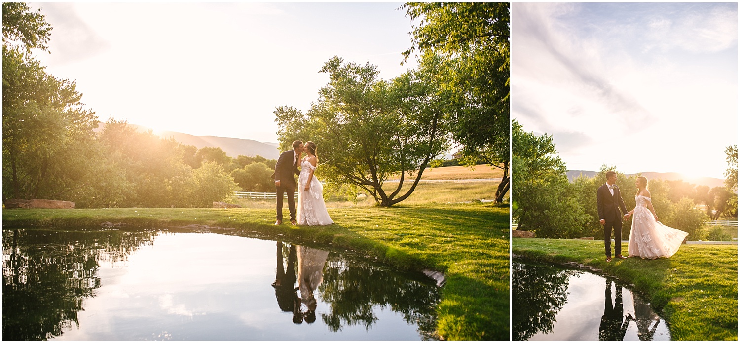 Bride and groom's reflection over the pond at Crooked Willow Farms wedding at sunset