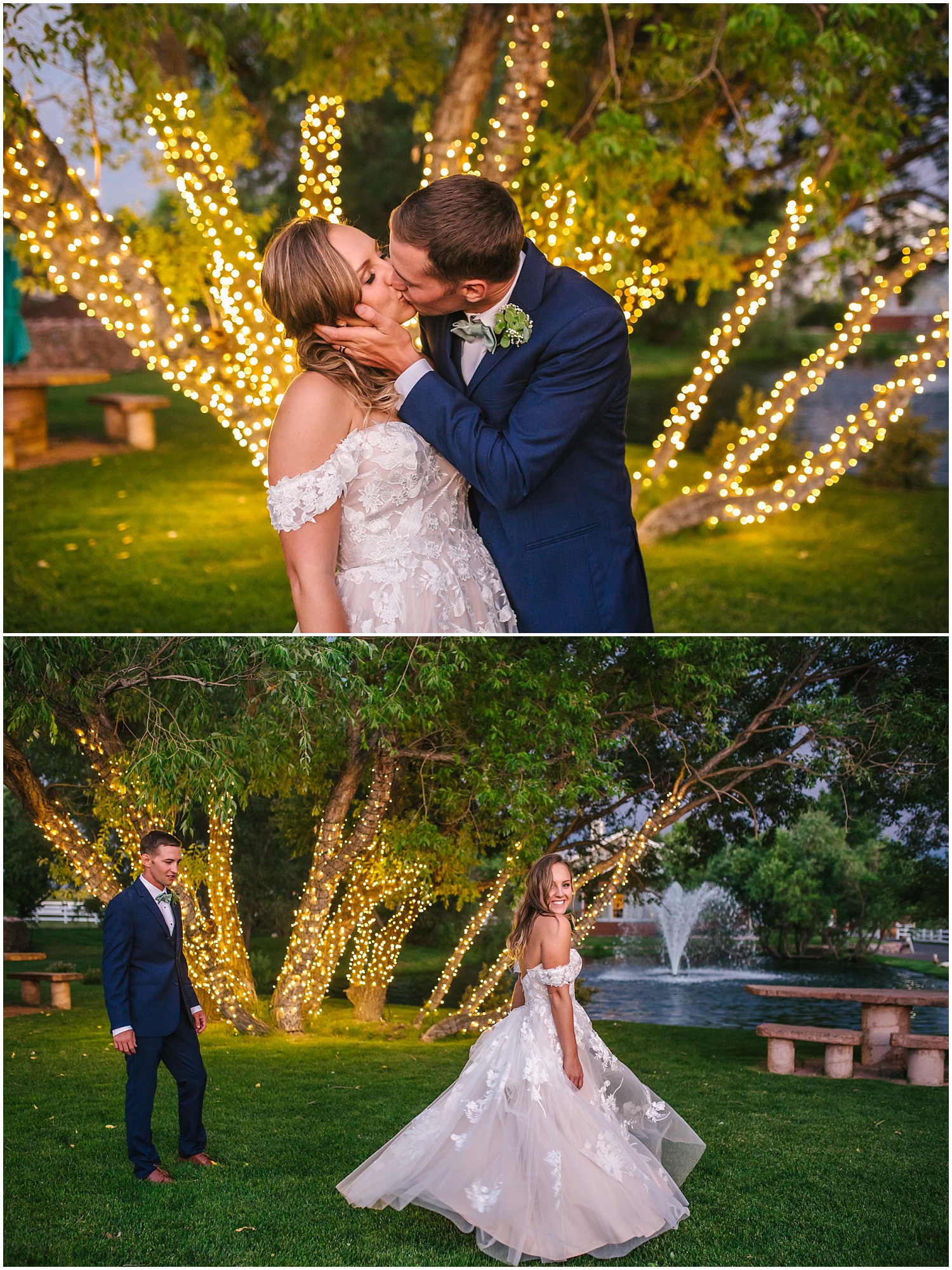Bride and groom under the twinkle lights at night at Crooked Willow Farms wedding