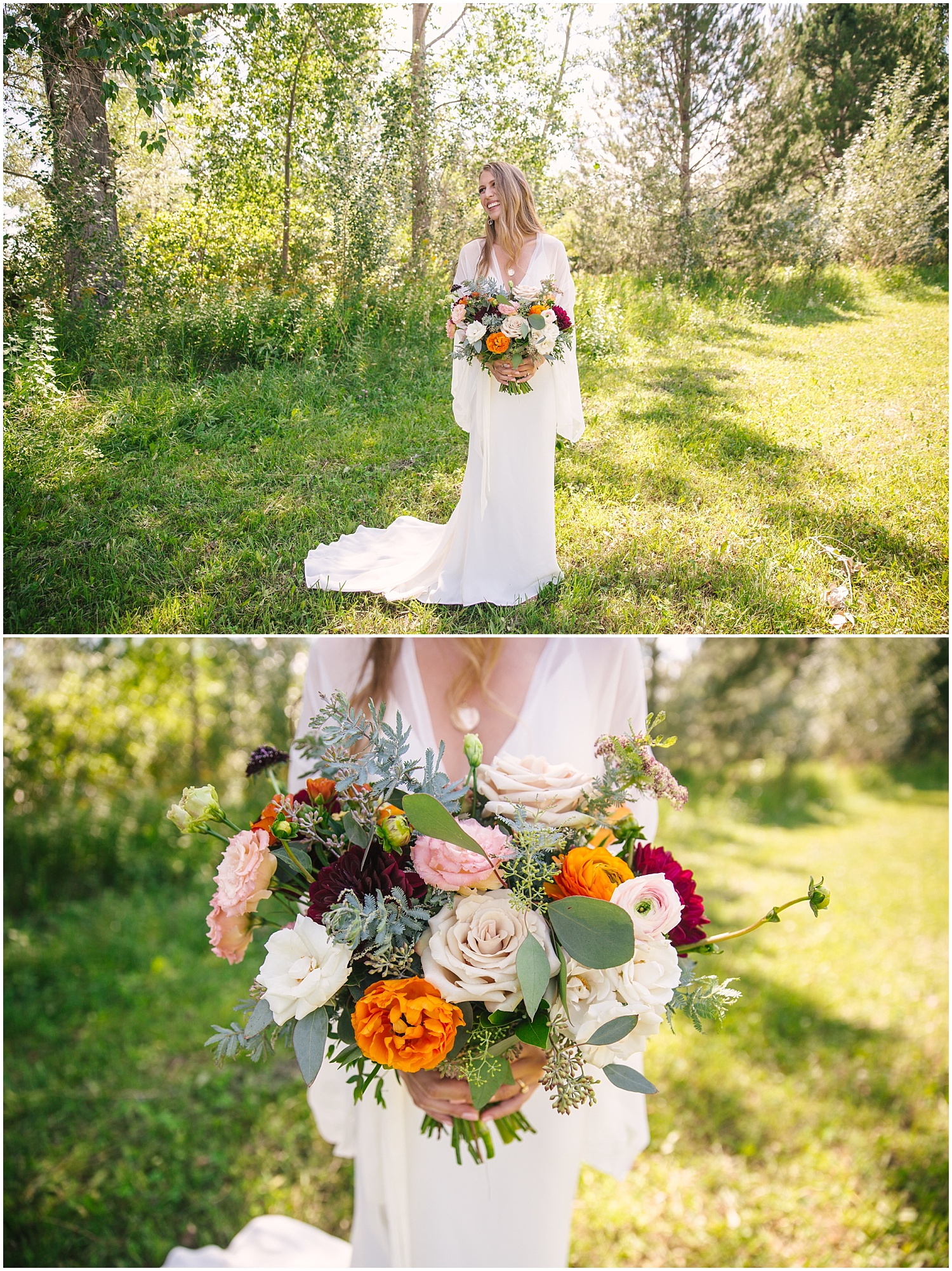 Bride with colorful summer bouquet by Fawns Leap Botanical Arts at Lone Hawk Farm in Longmont Colorado