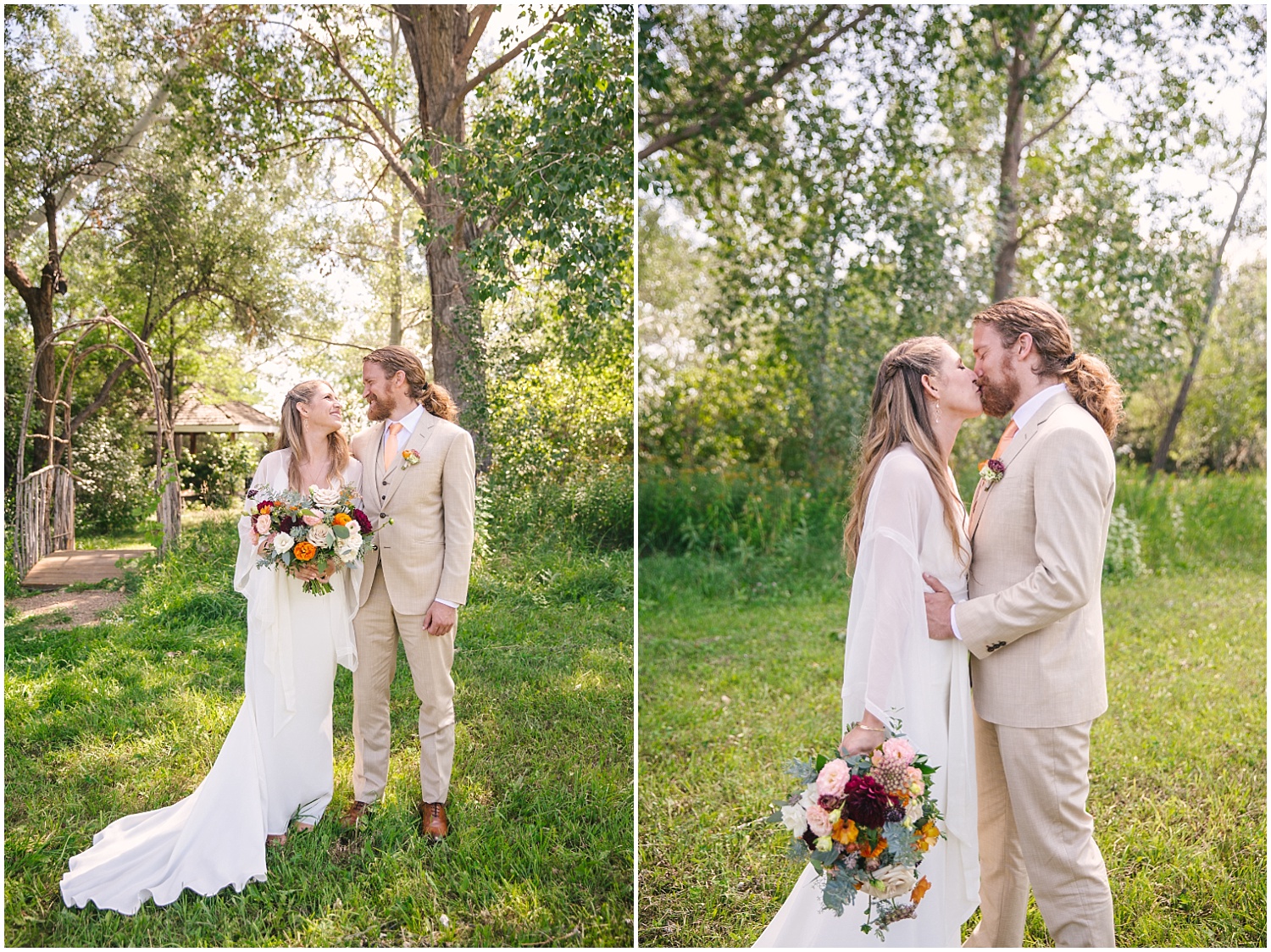 Bride and groom kiss in the fields at Lone Hawk Farm in Longmont Colorado