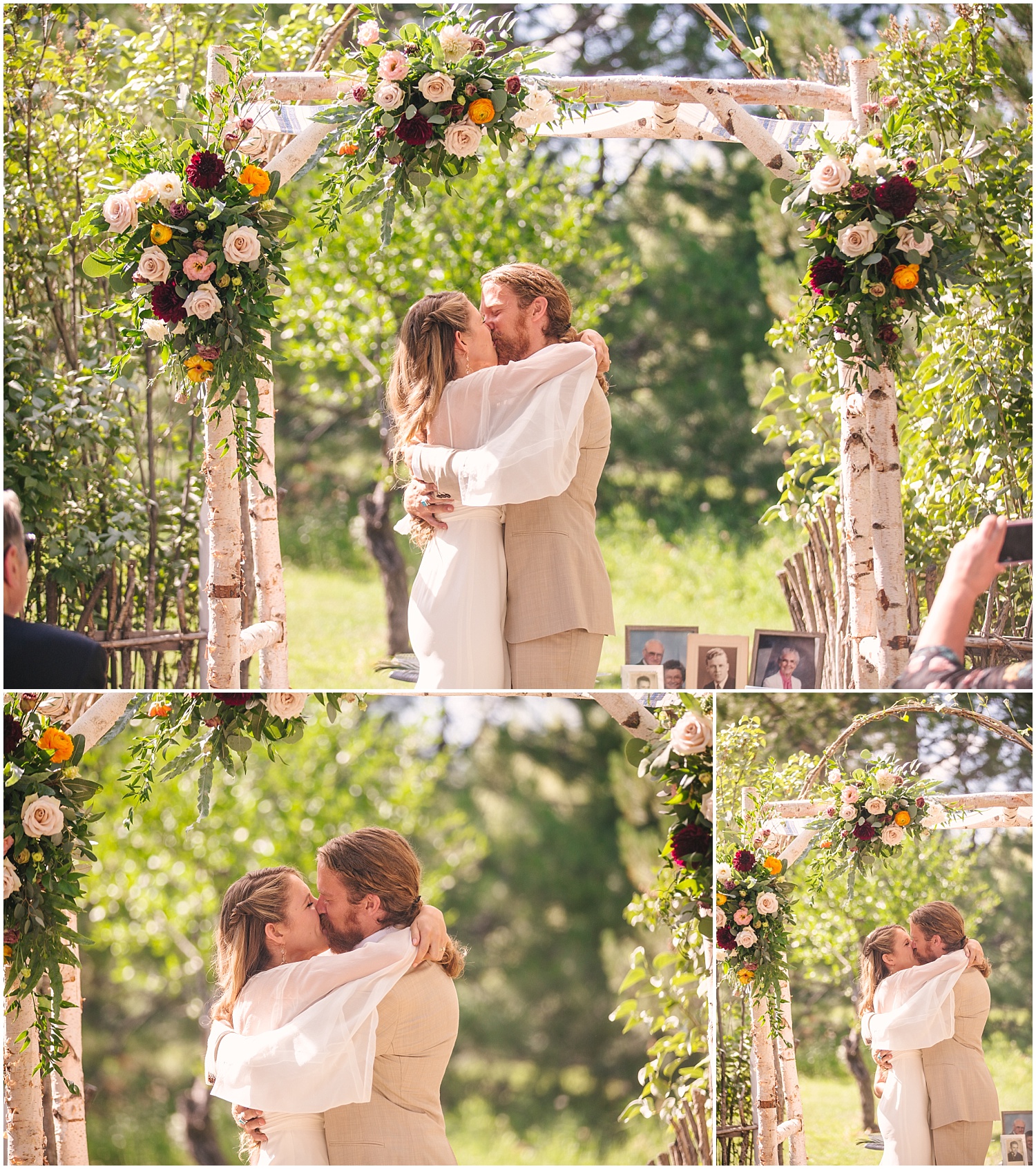 Bride and groom first kiss at Lone Hawk Farm wedding ceremony in Longmont Colorado