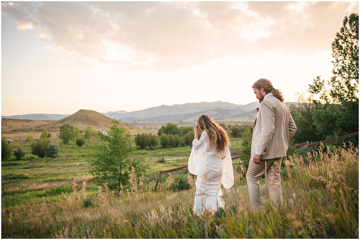 Bride and groom at sunset at Lone Hawk Farm wedding in Longmont Colorado