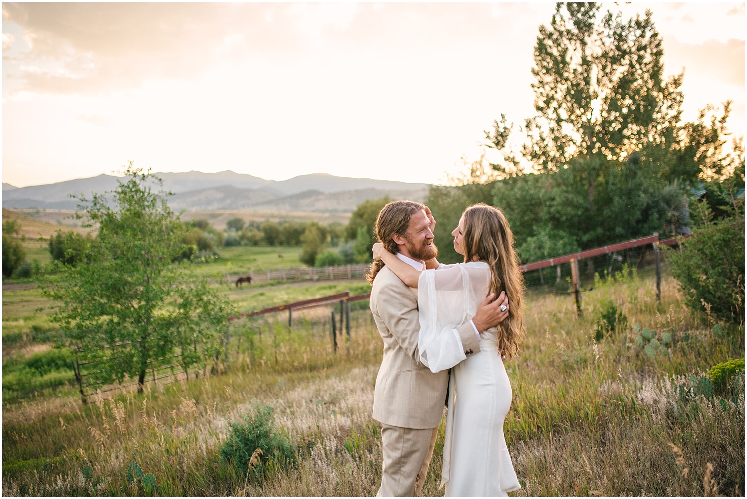 Bride and groom at sunset at Lone Hawk Farm wedding in Longmont Colorado