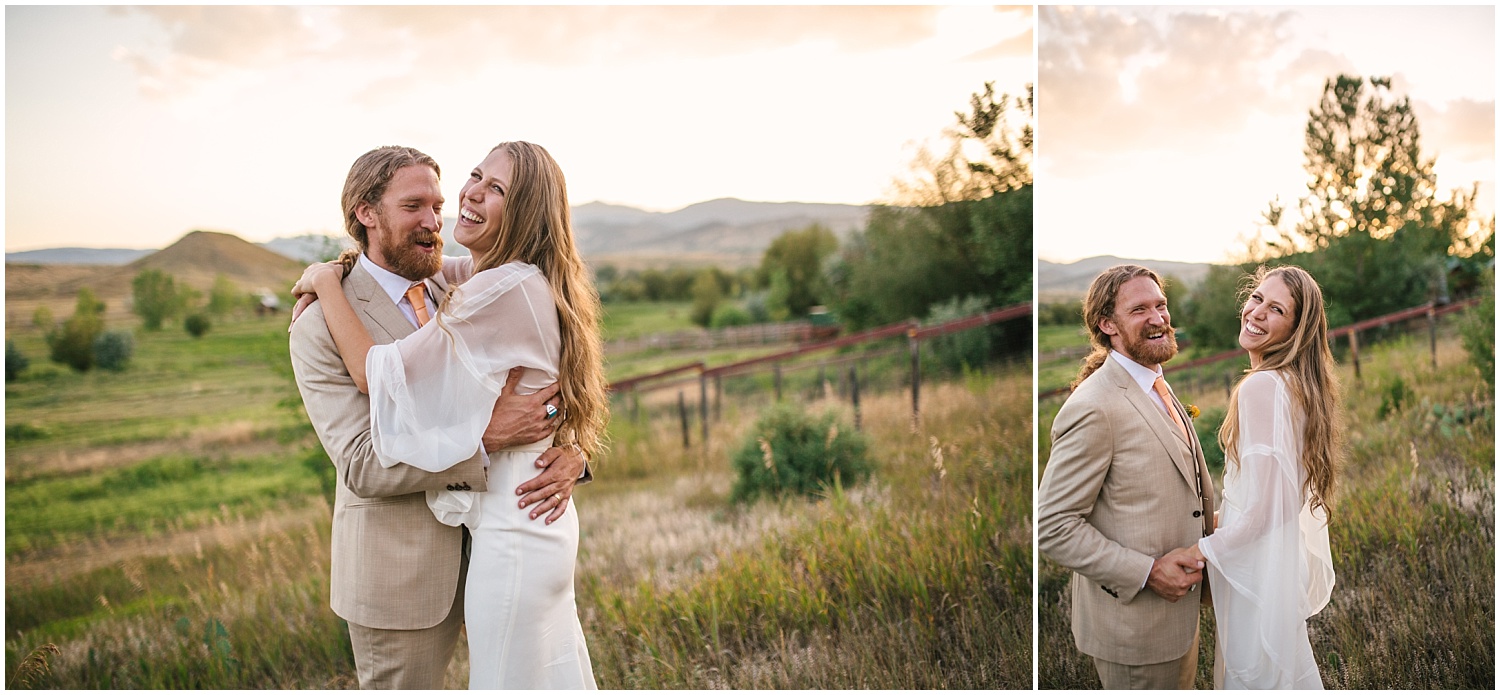 Bride and groom goofing around at sunset at Lone Hawk Farm wedding in Longmont Colorado