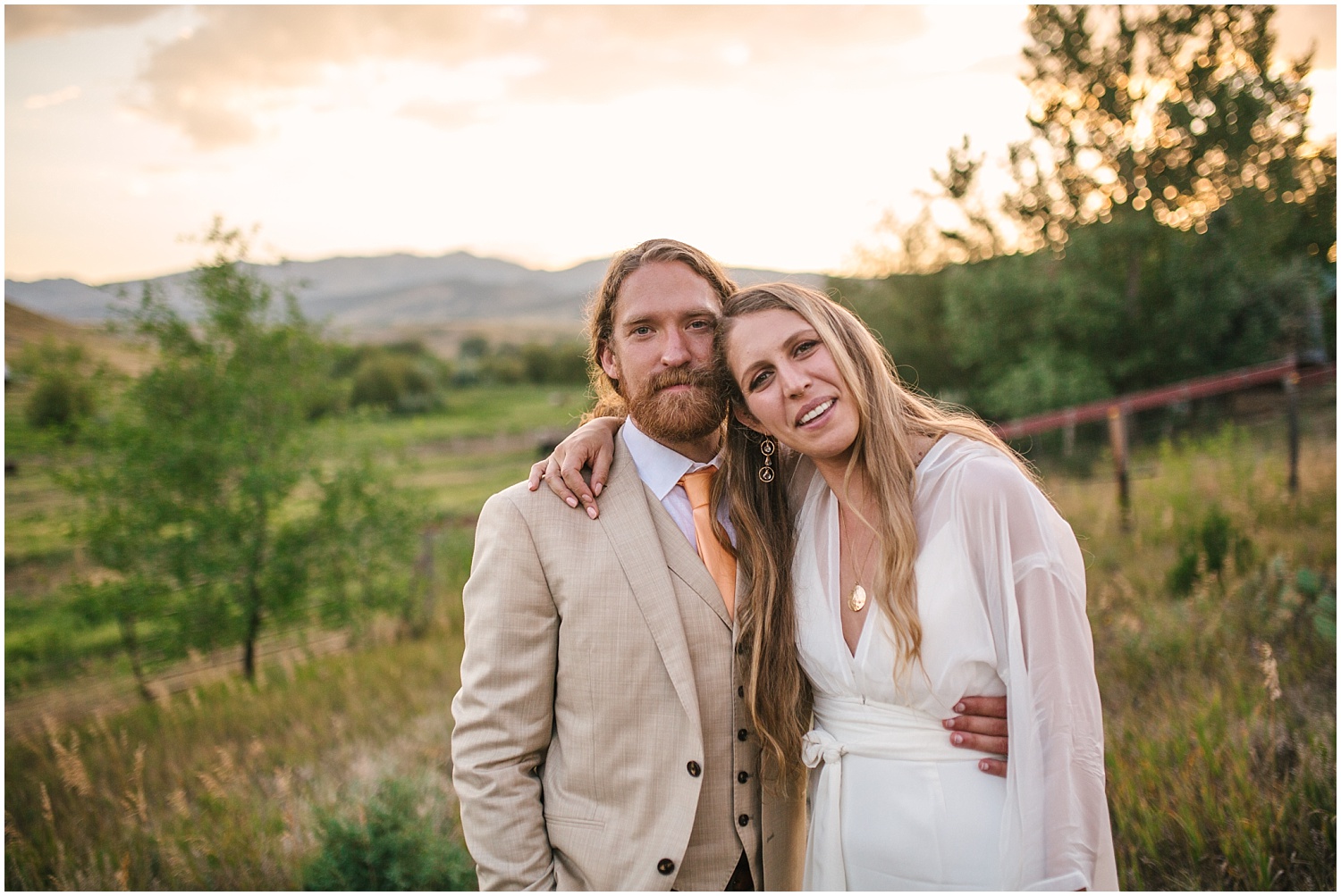 Bride and groom sunset portrait at Lone Hawk Farm wedding in Longmont Colorado