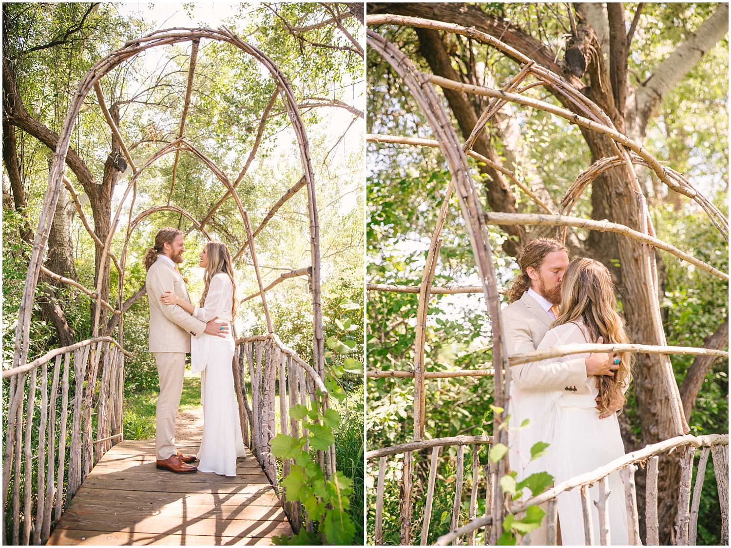 Bride and groom share an emotional moment on wooden bridge at Lone Hawk Farm wedding in Longmont Colorado