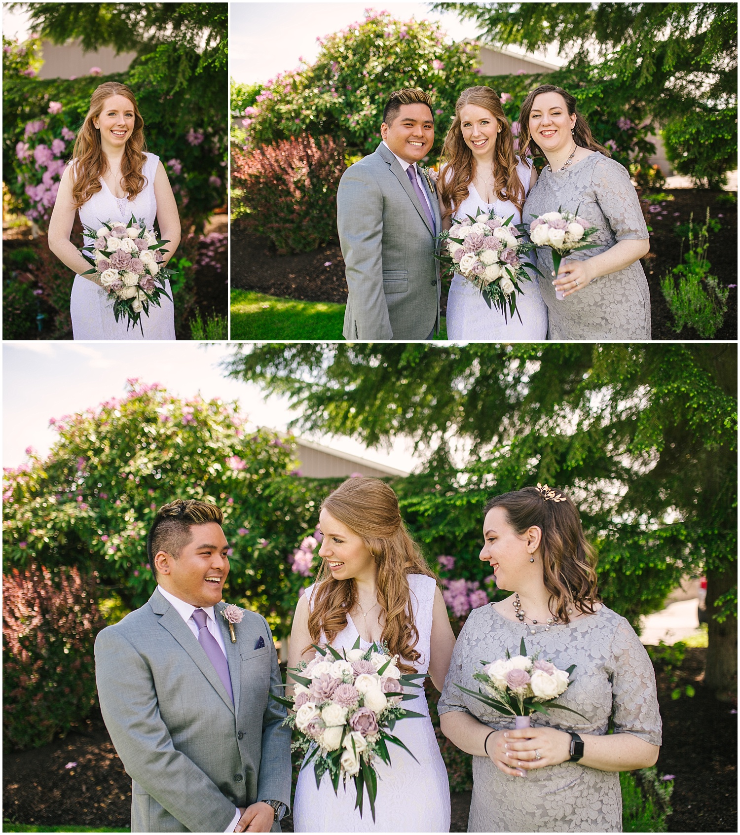 Bride with maid of honor and man of honor at Lord Hill Farms wedding in Snohomish Washington