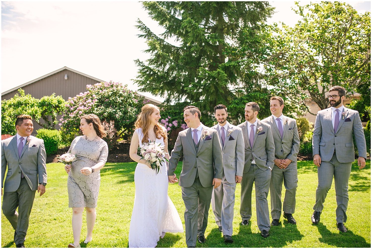 Wedding party all in gray with purple accents at Lord Hill Farms wedding in Snohomish Washington