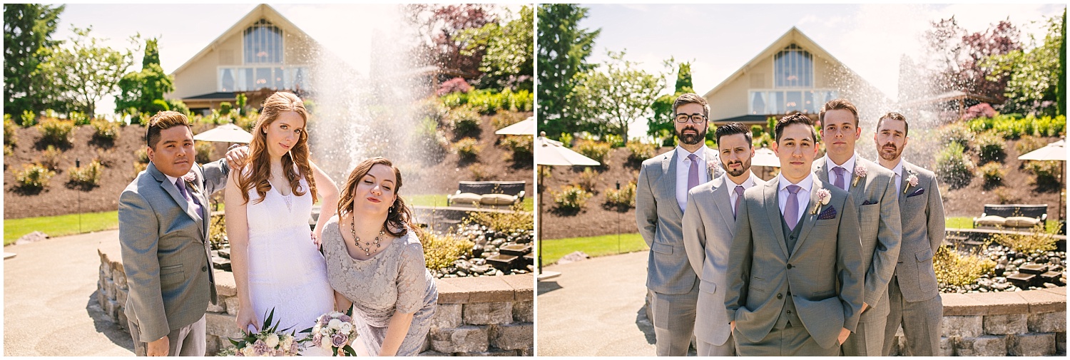 Silly wedding party portraits by the fountain at Lord Hill Farms wedding in Snohomish Washington