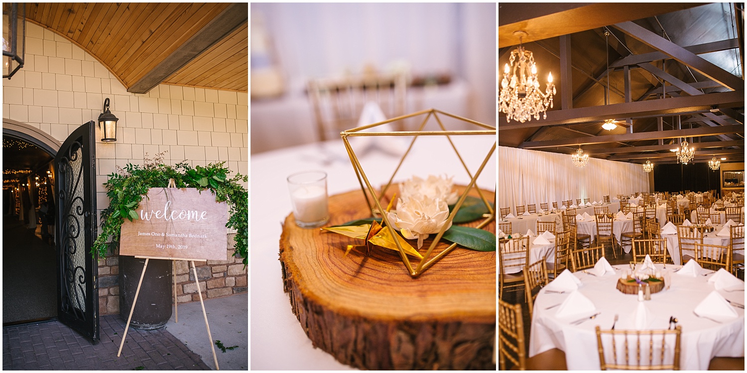Geometric-themed garden party with lavender and gold details at Lord Hill Farms wedding.