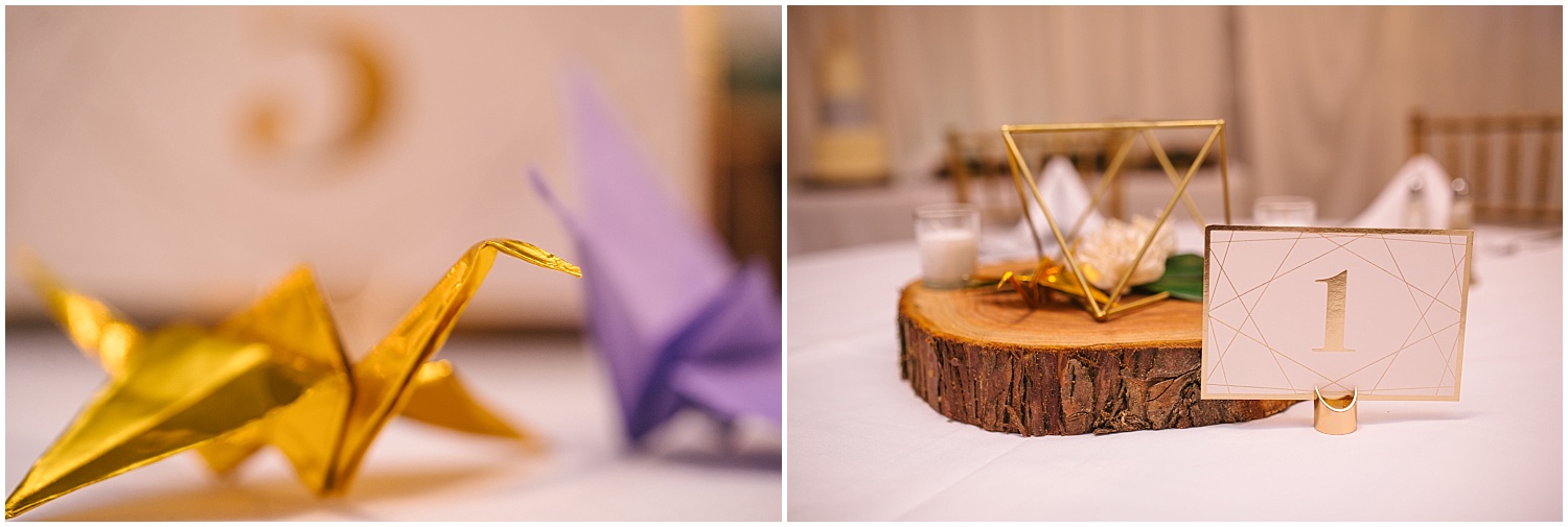 Geometric-themed garden party with paper cranes and lavender and gold details at Lord Hill Farms wedding.