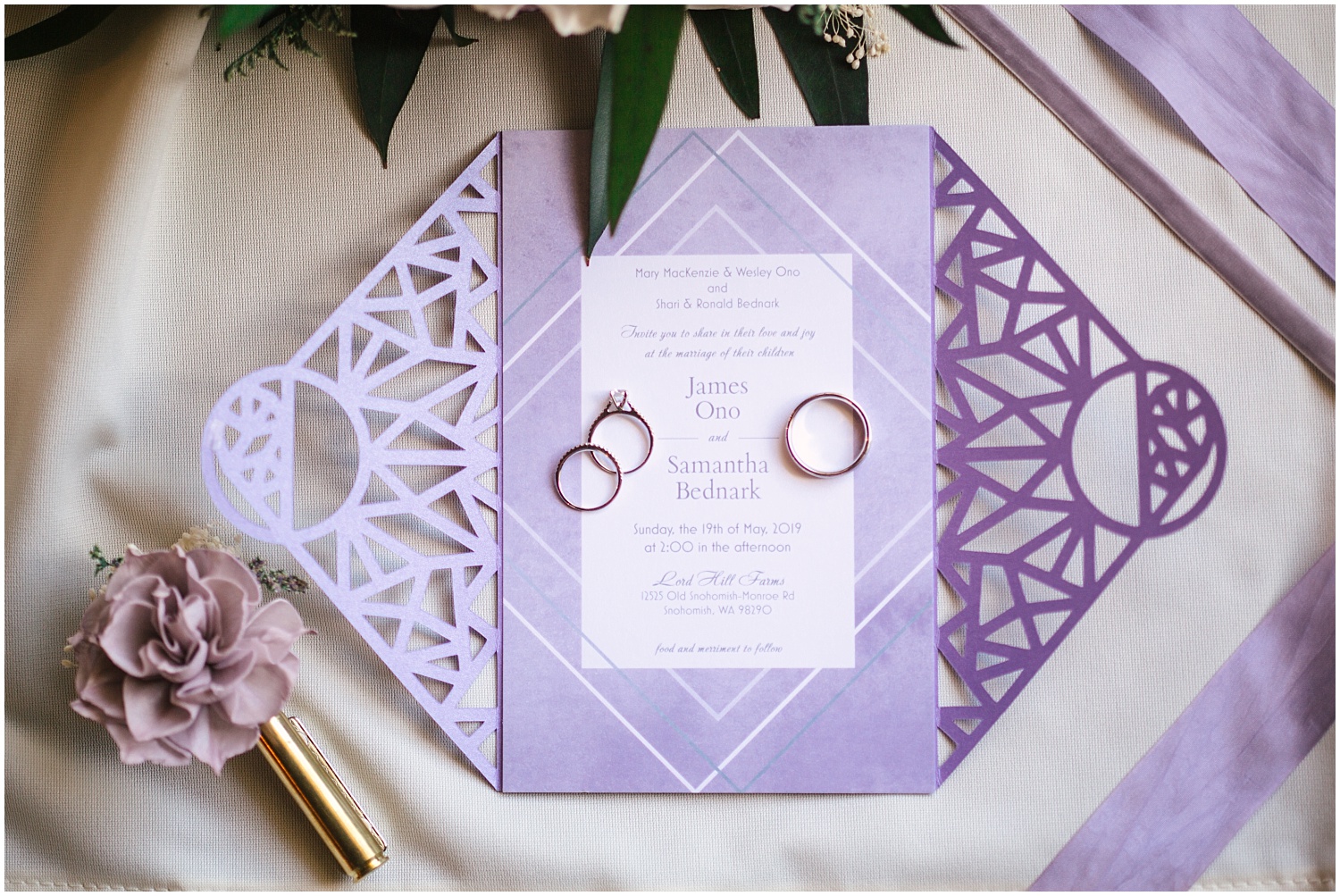 DIY purple geometric shape themed invitations to Lord Hill Farms wedding