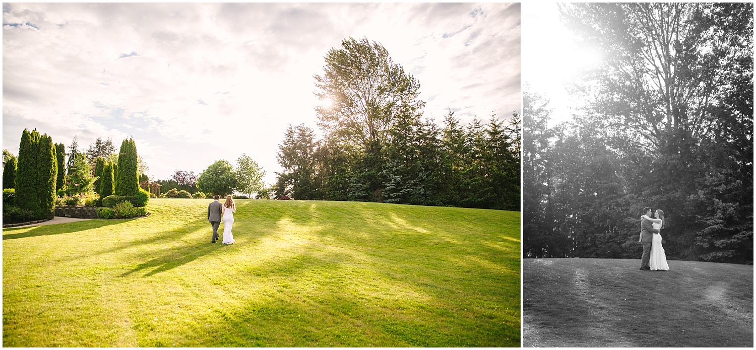 Bride and groom walk up the grassy hill at Lord Hill Farms wedding