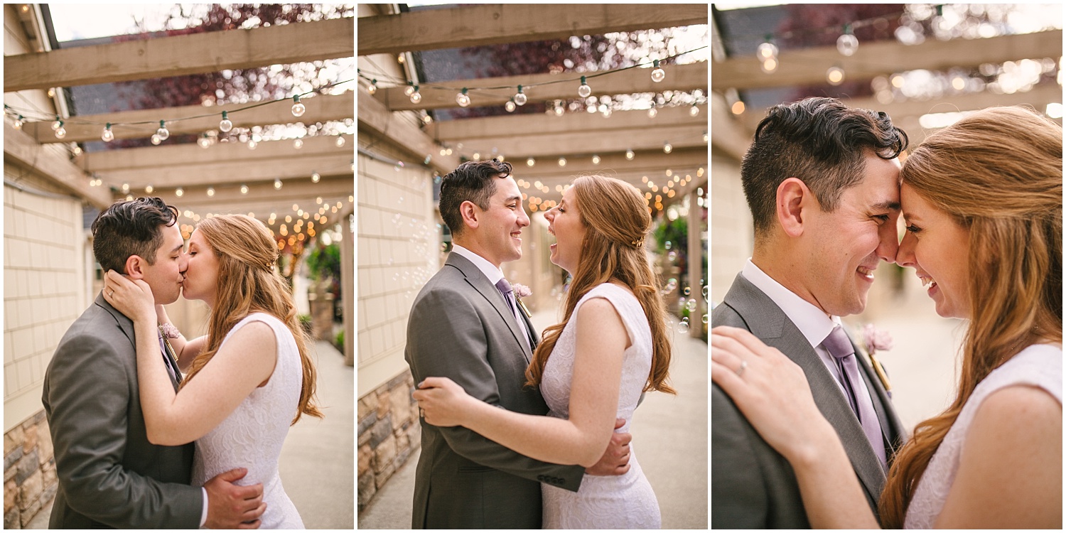 Bride and groom portraits with bubbles and twinkle lights at Lord Hill Farms wedding