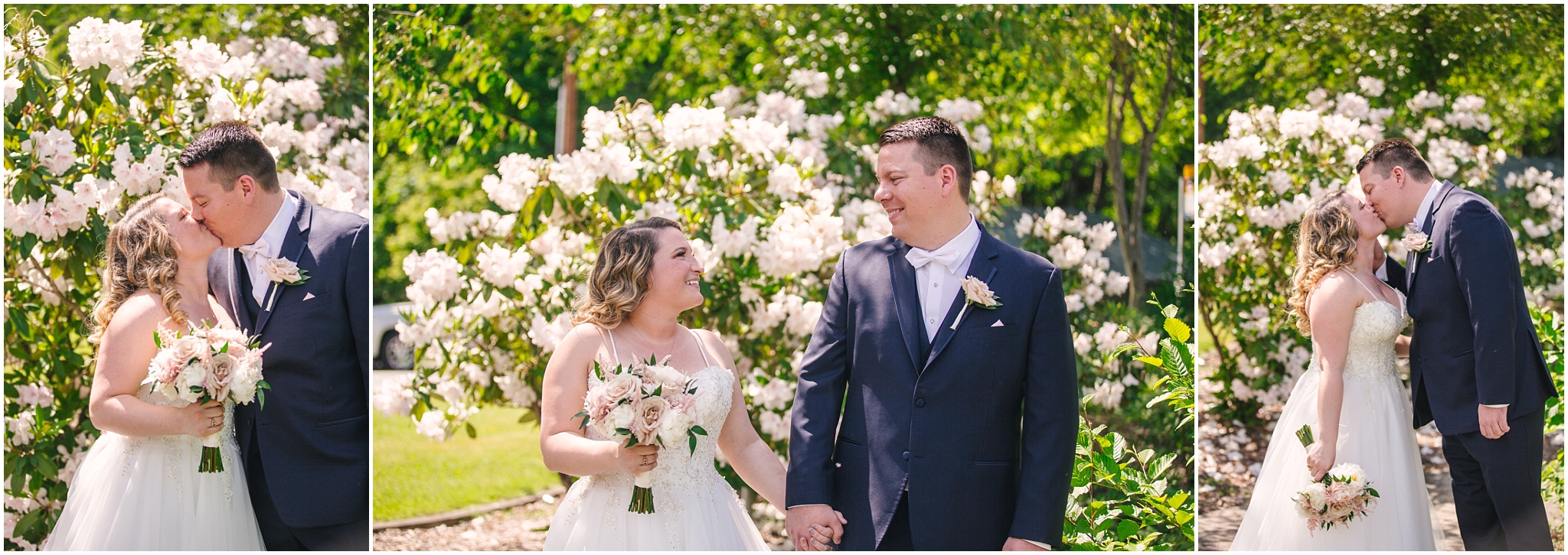 Spring wedding portraits at Issaquah Salmon Hatchery surrounded by blooms