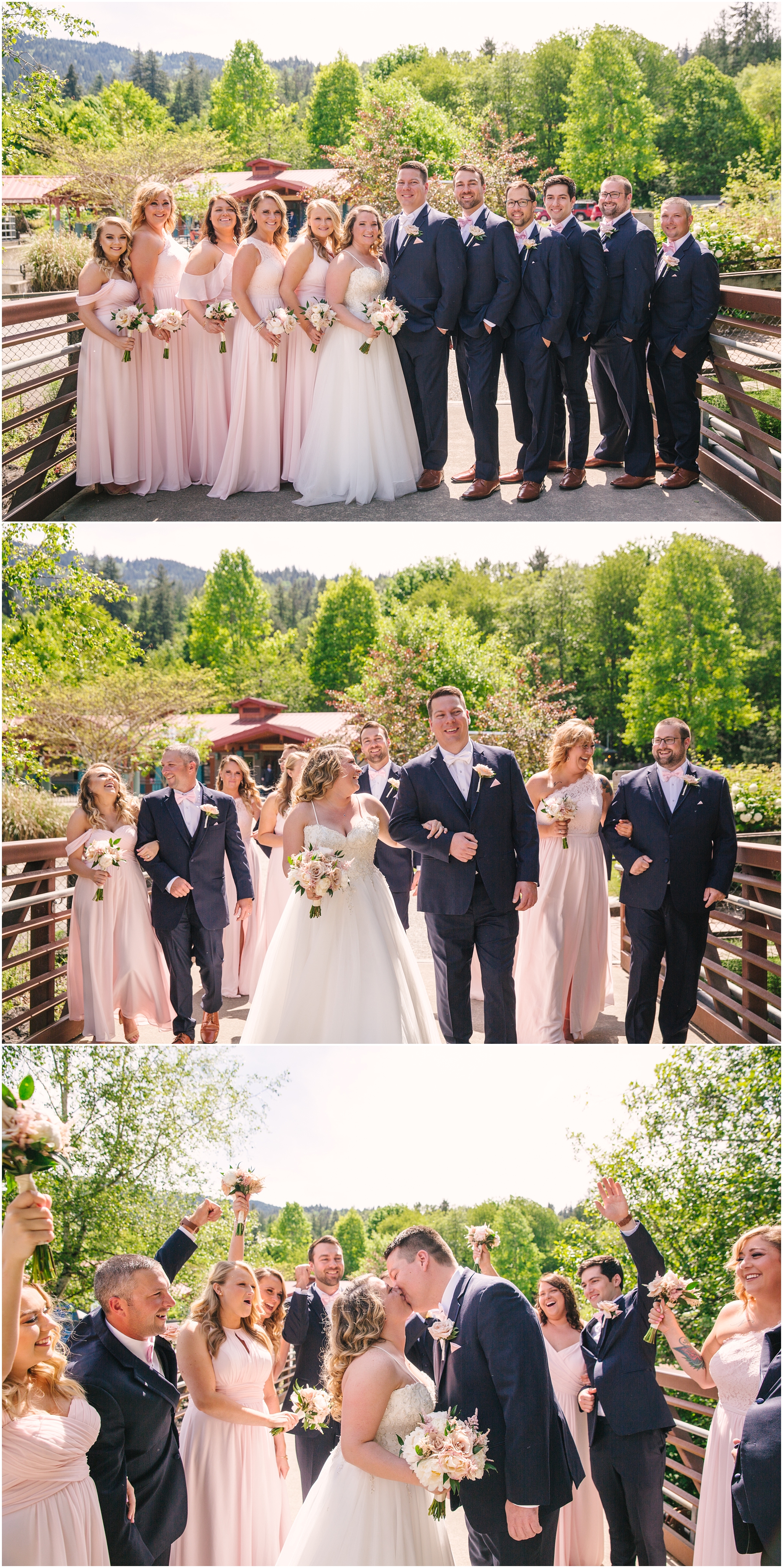 Wedding party in soft pink and navy at Issaquah Salmon Hatchery