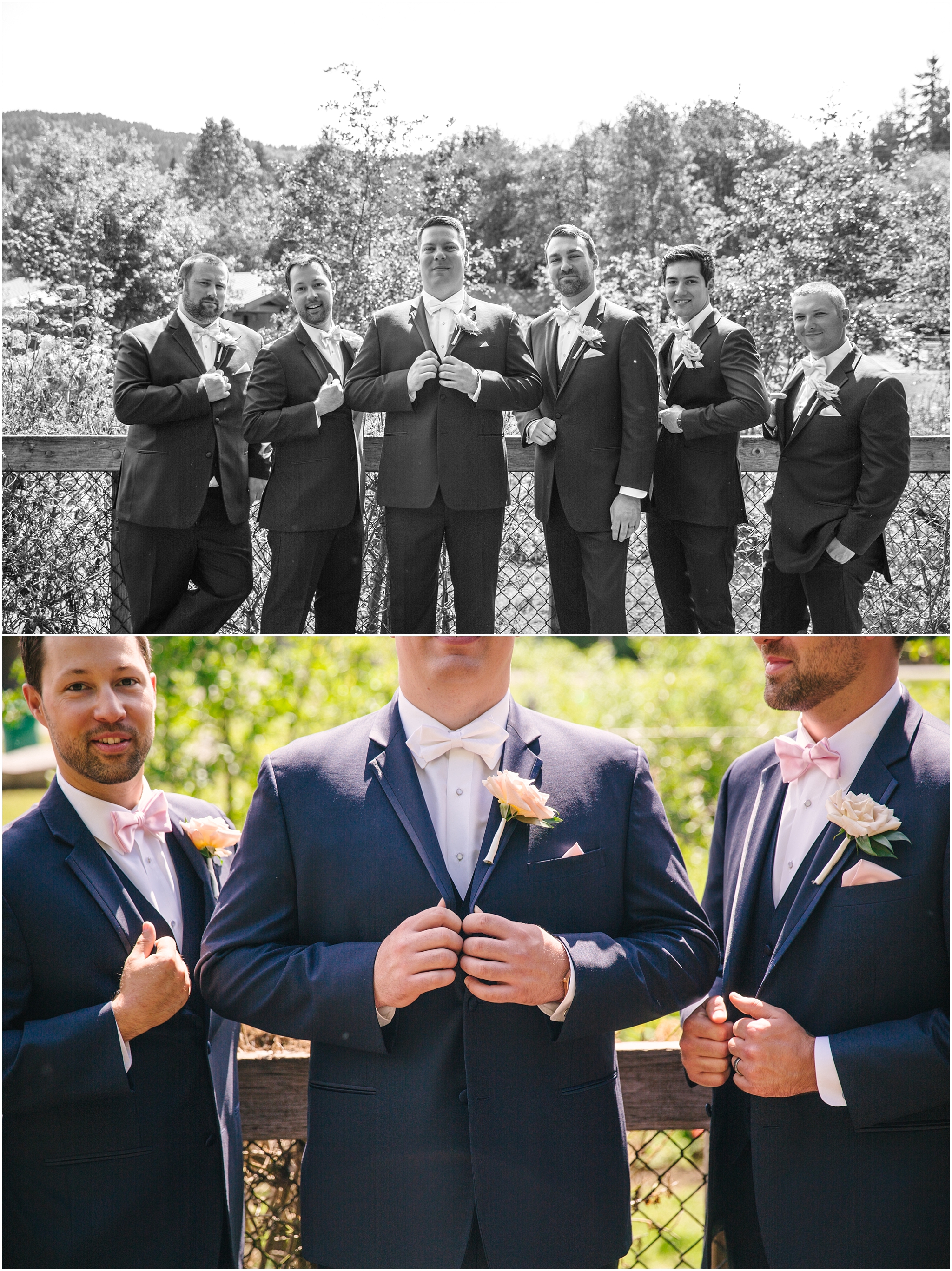 Groomsmen in navy suits at Issaquah Salmon Hatchery