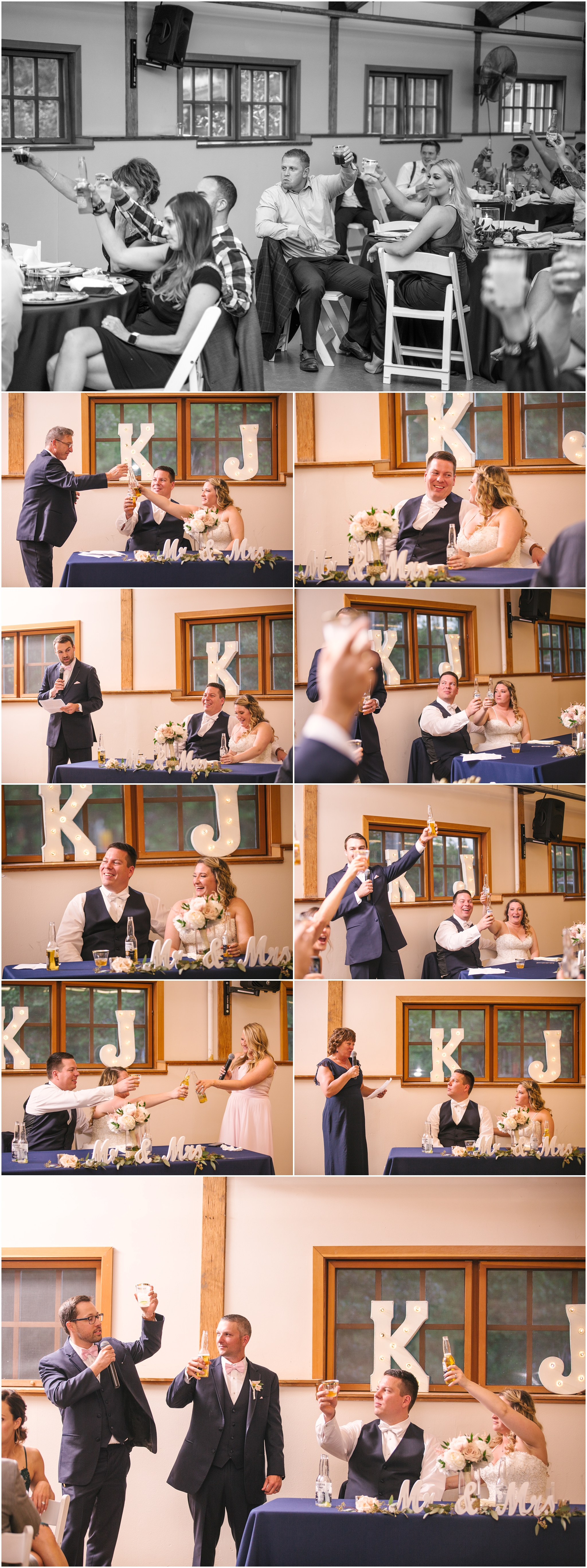 Toasts to the bride and groom at Pickering Barn wedding reception in Issaquah Washington